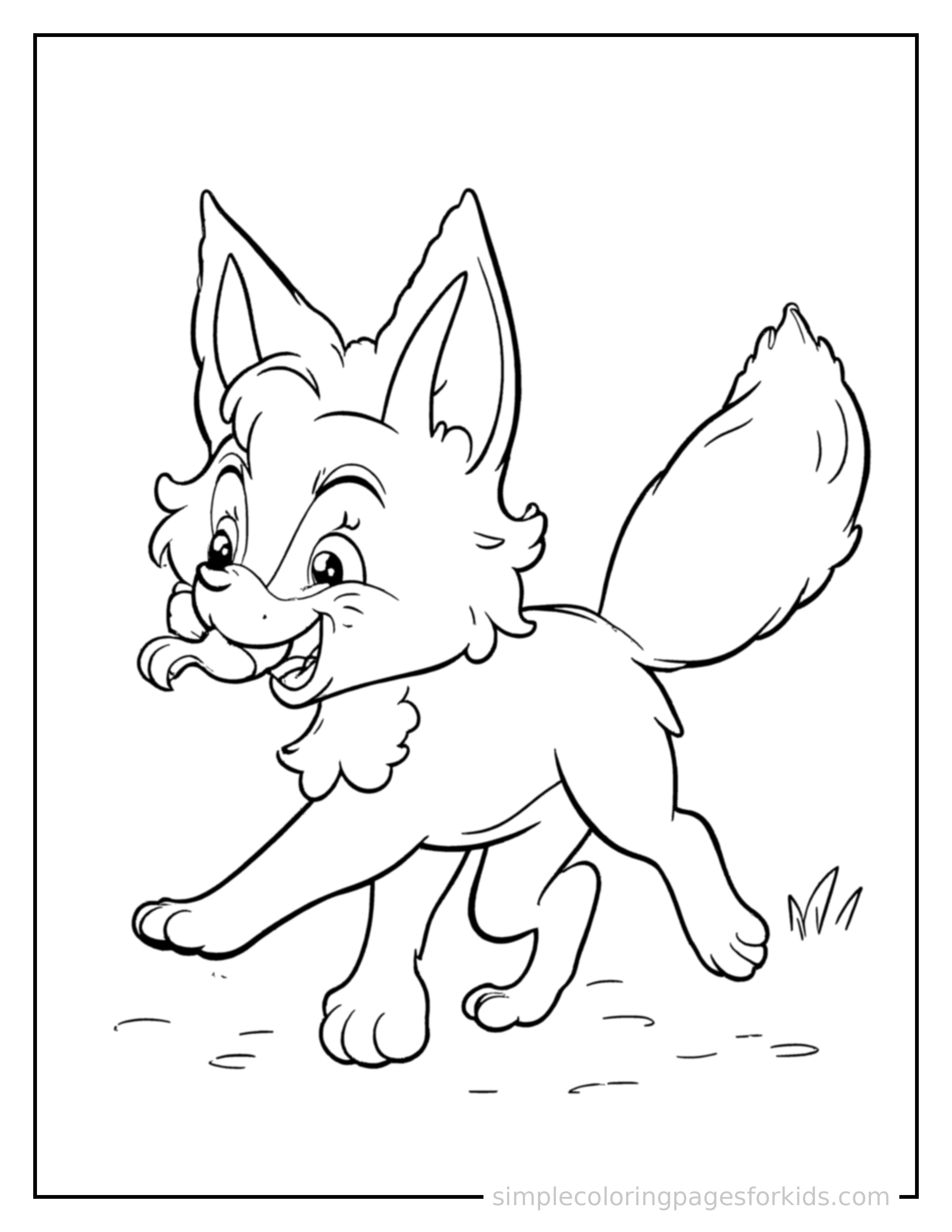Free printable fox coloring page featuring a cute fox galloping forward at full speed, tongue out, ears flying back, big happy grin.