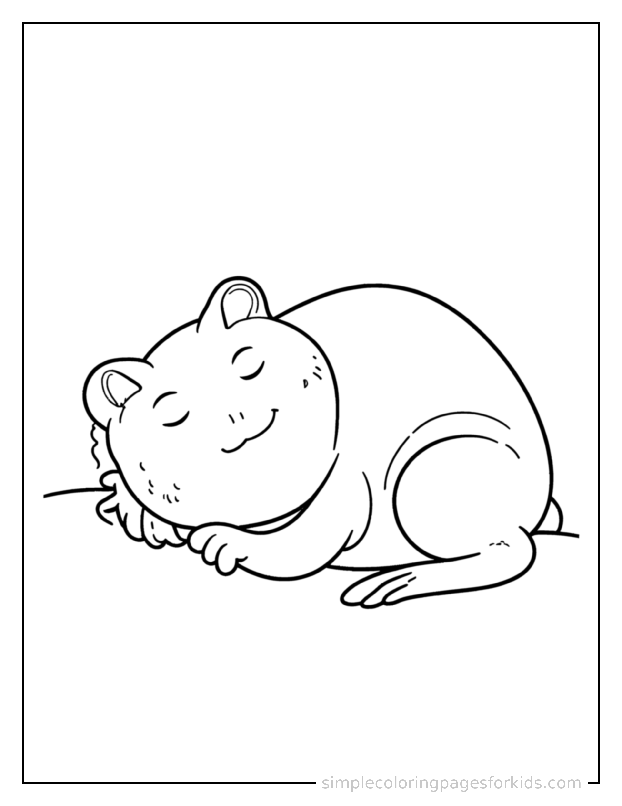 Free printable frog coloring page featuring a cute frog curled up fast asleep, peaceful smile, one eye scrunched shut, paws tucked under its chin.
