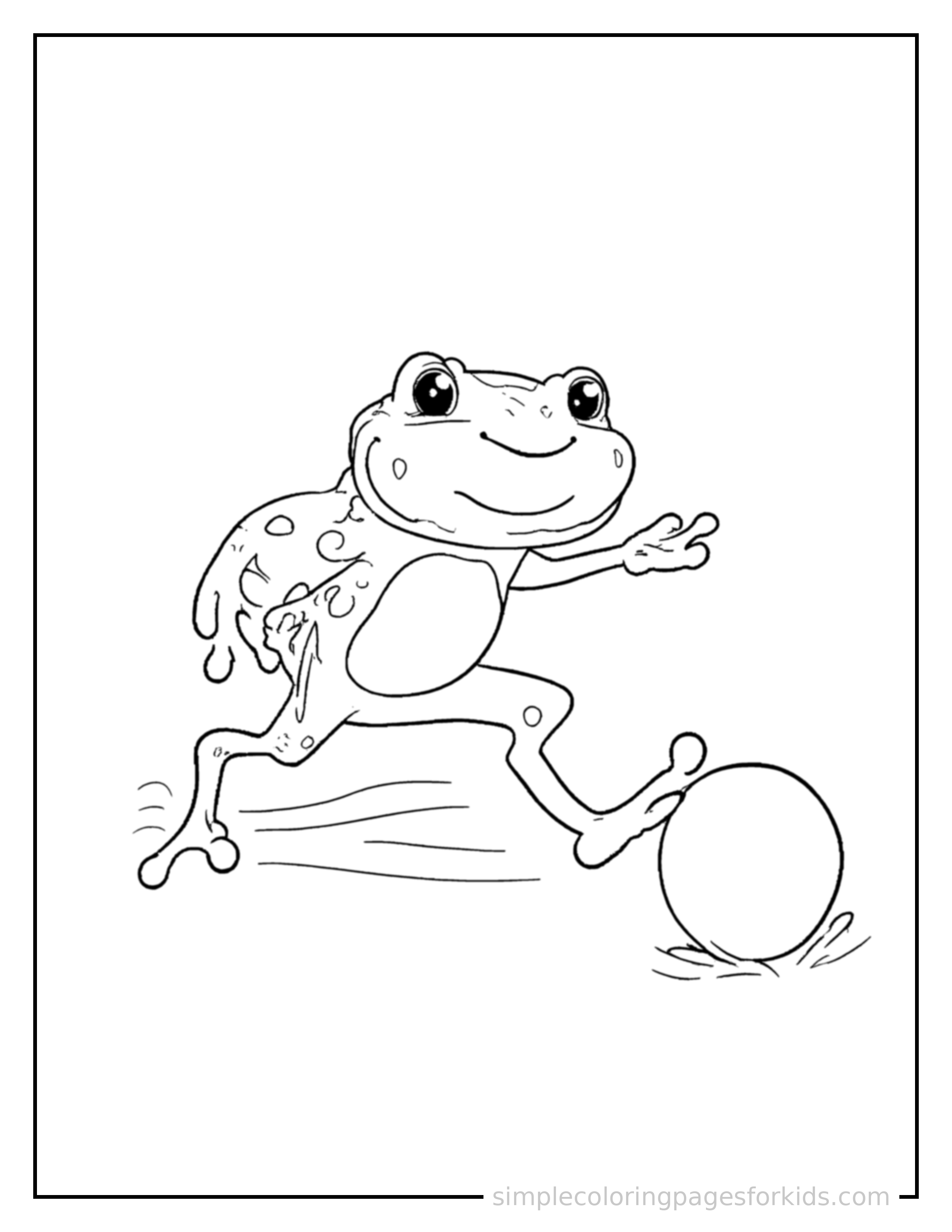 Free printable frog coloring page featuring a cute frog mid-bounce chasing a round ball, front paws stretched forward, mouth open with excitement, ears flopping.