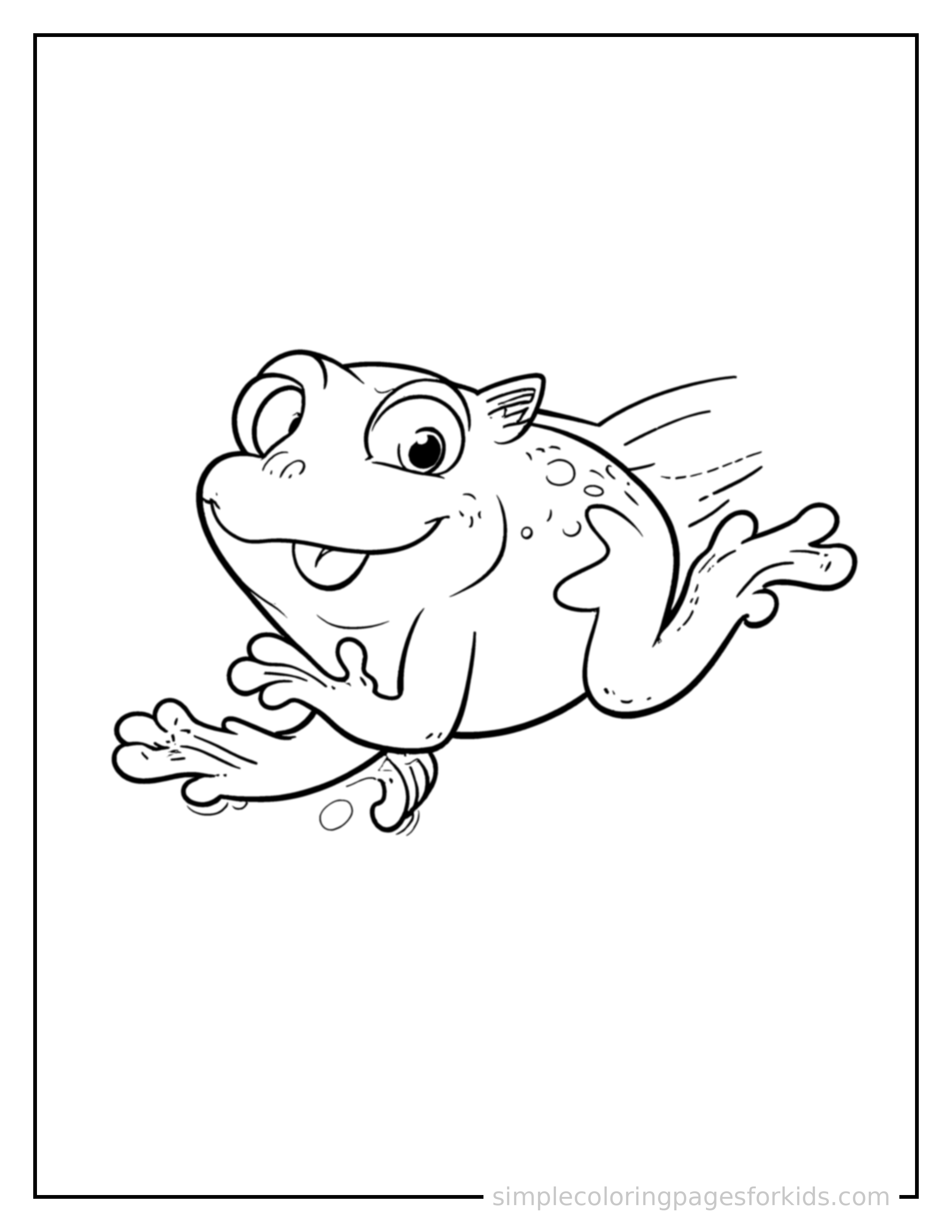 Free printable frog coloring page featuring a cute frog galloping forward at full speed, tongue out, ears flying back, big happy grin.