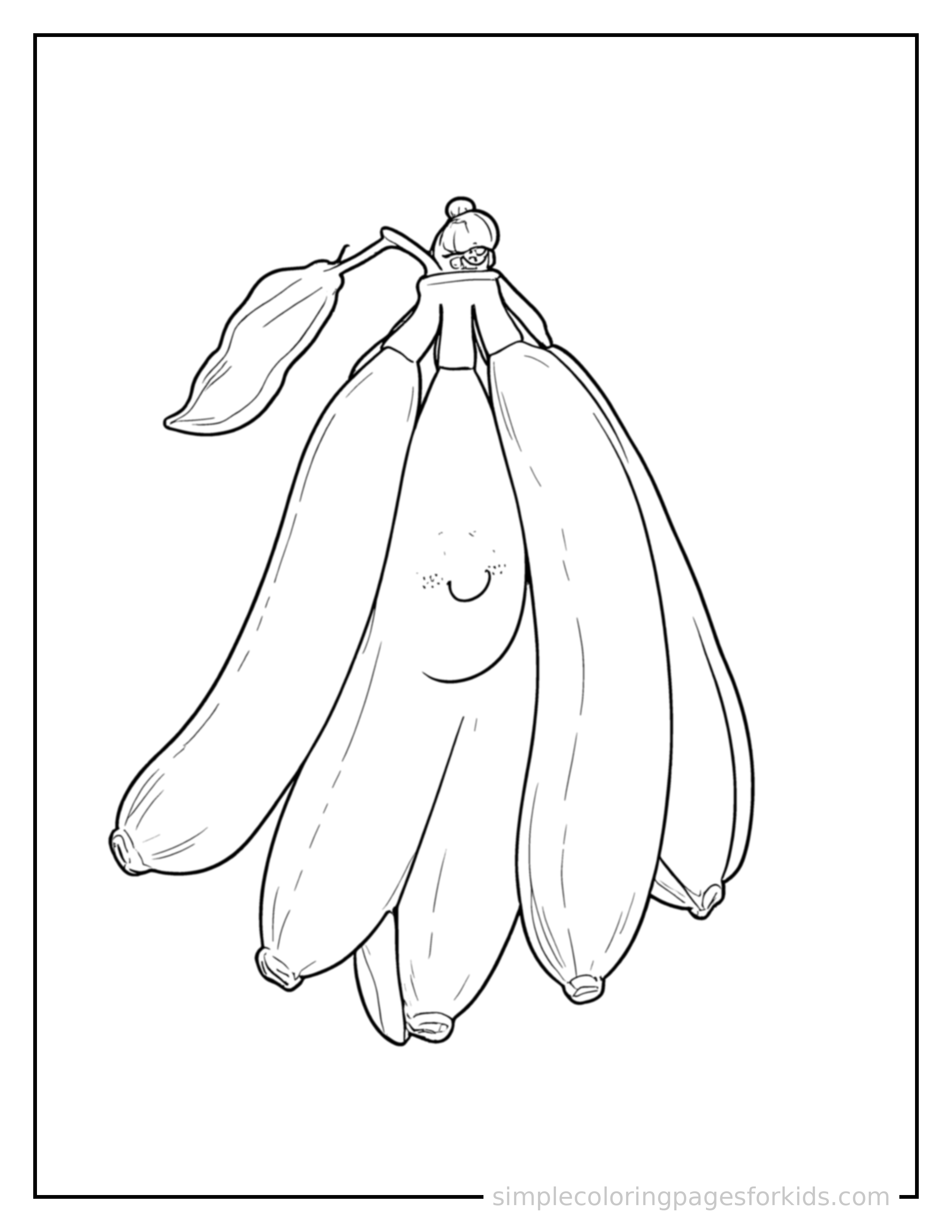 Free printable fruits coloring page featuring a bunch of bananas with a happy face.