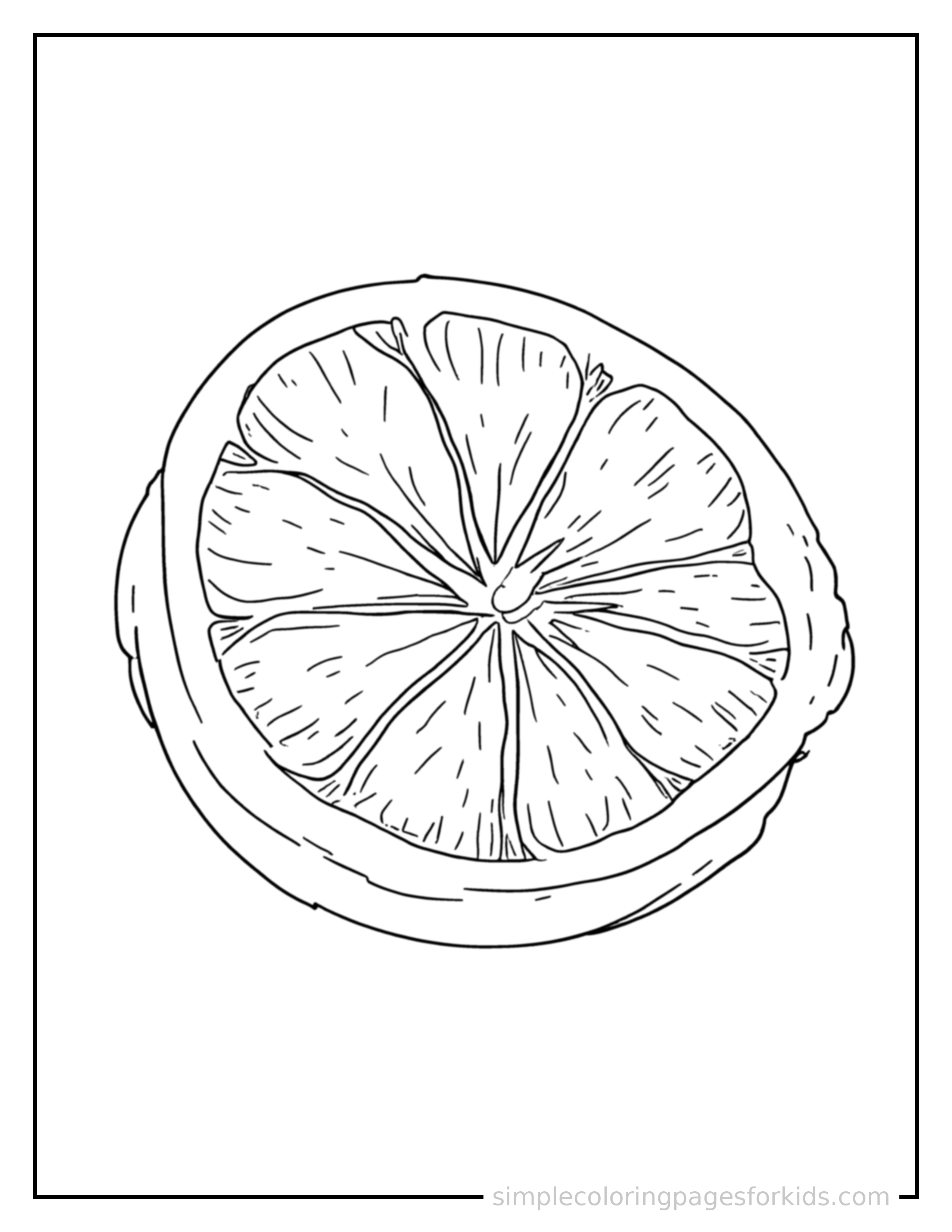 Free printable fruits coloring page featuring a juicy orange slice showing its segments.