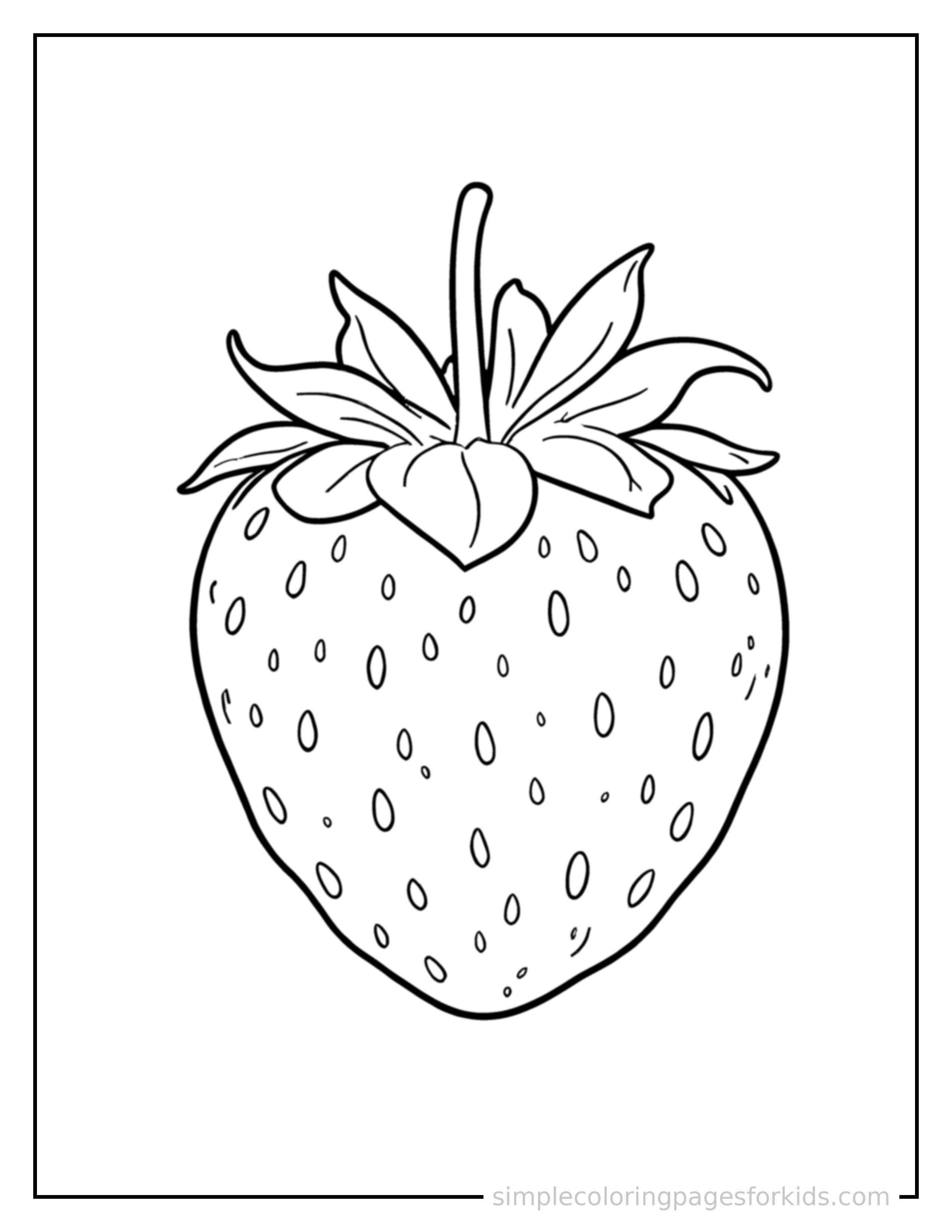 Free printable fruits coloring page featuring a strawberry with visible seeds and a leafy top.