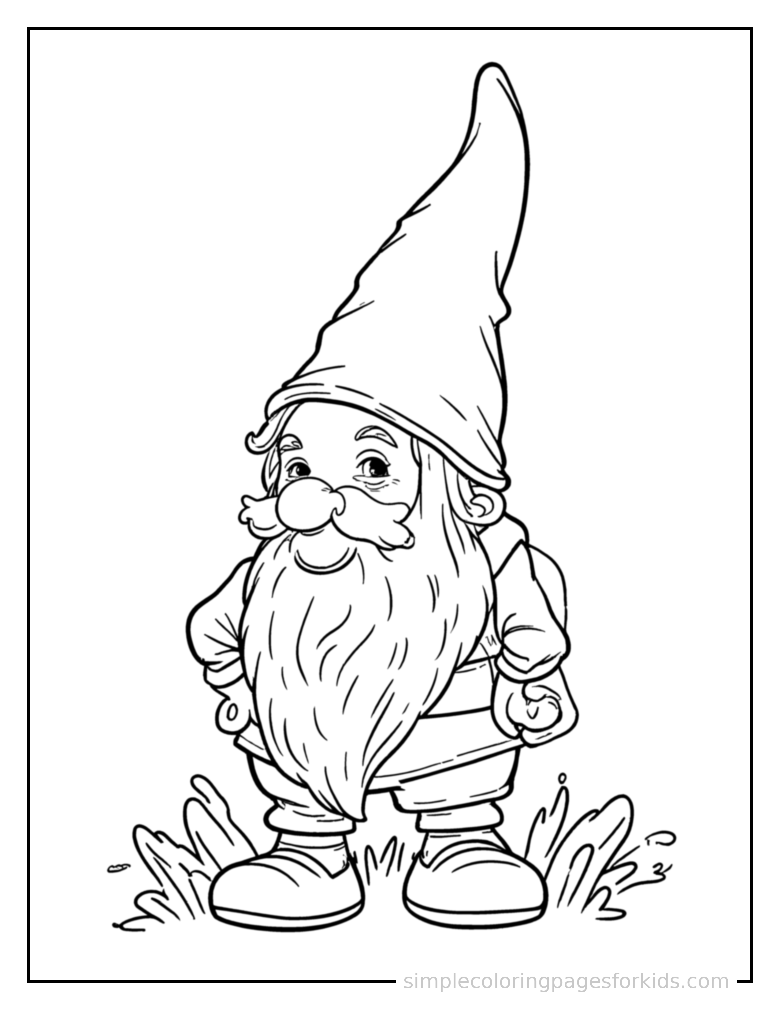 Free printable garden coloring page featuring a garden gnome wearing a tall pointy hat.
