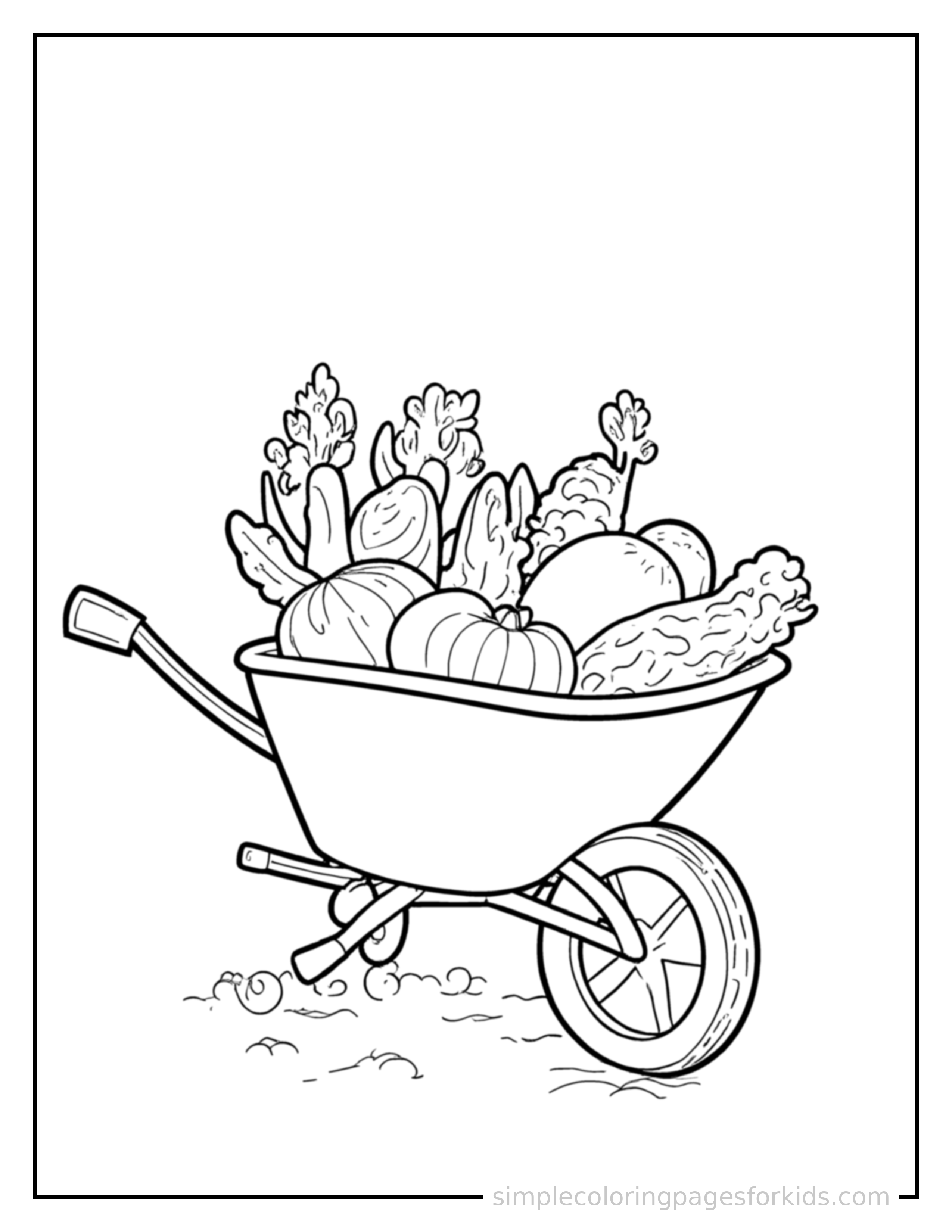 Free printable garden coloring page featuring a wheelbarrow full of freshly picked vegetables.