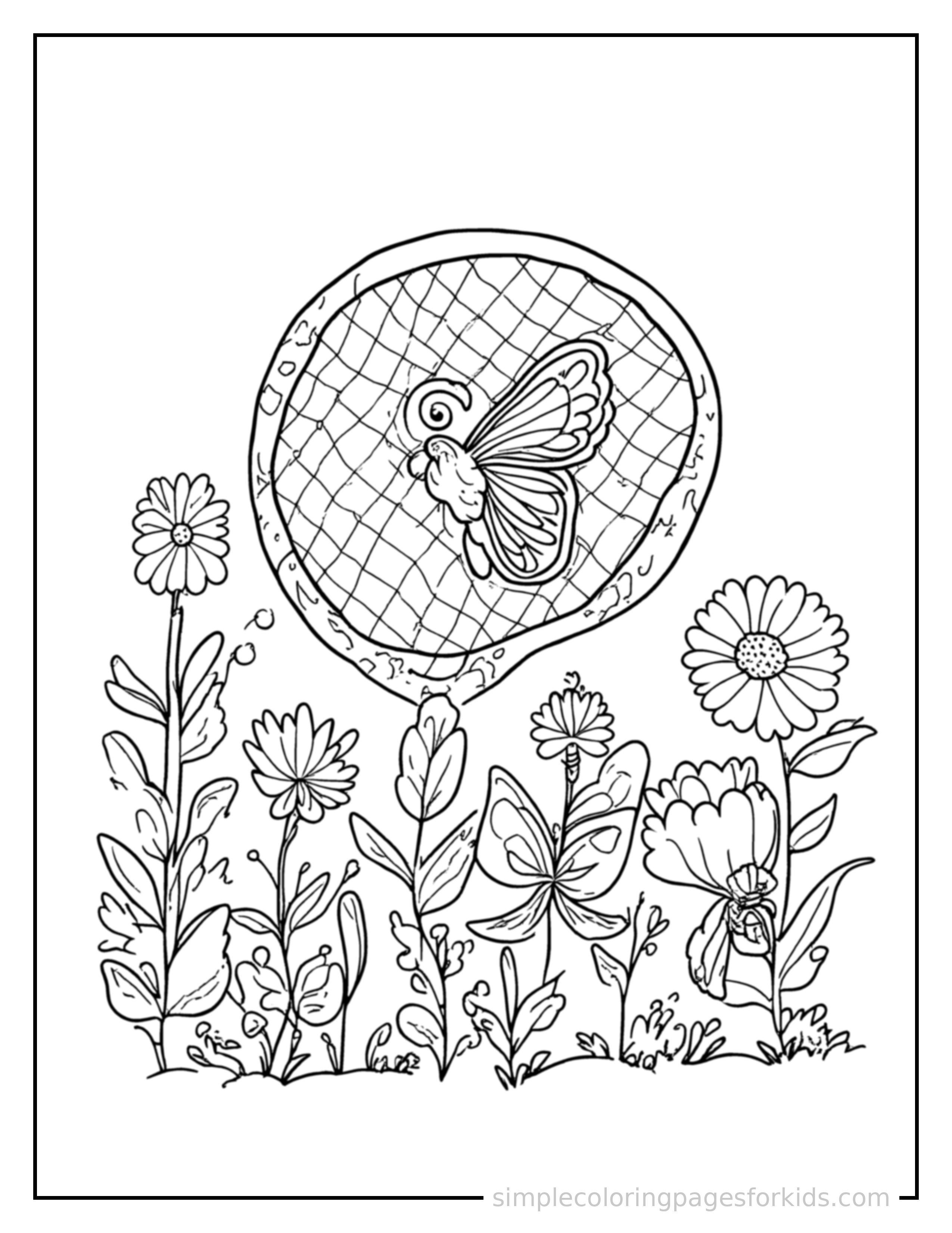 Free printable garden coloring page featuring a butterfly net resting beside a patch of flowers.