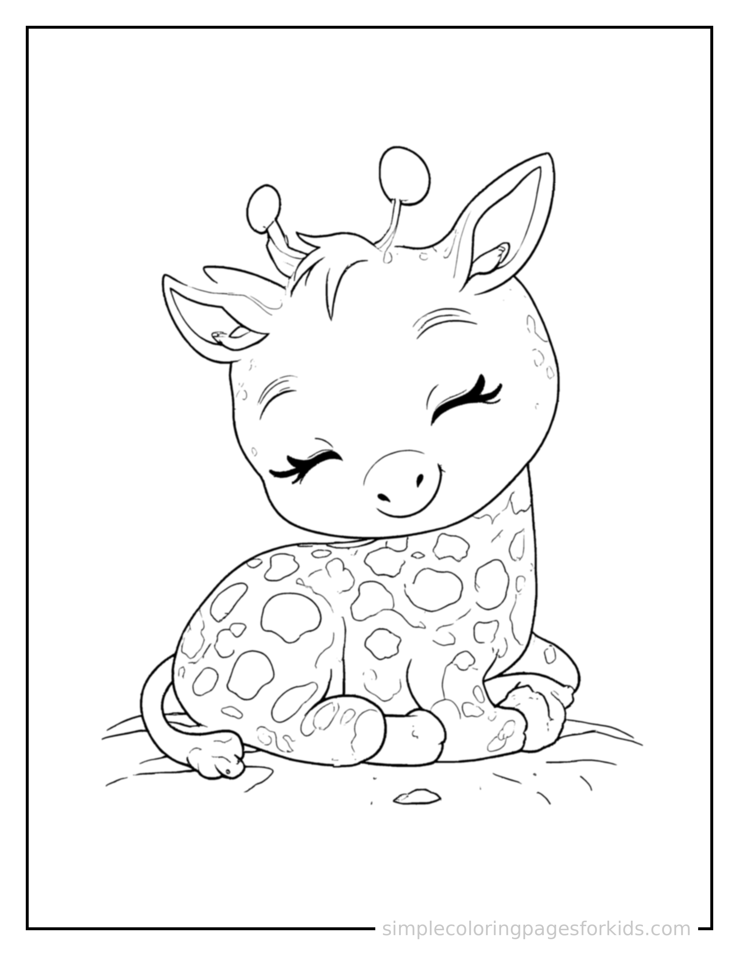 Free printable giraffe coloring page featuring a cute giraffe curled up fast asleep, peaceful smile, one eye scrunched shut, paws tucked under its chin.