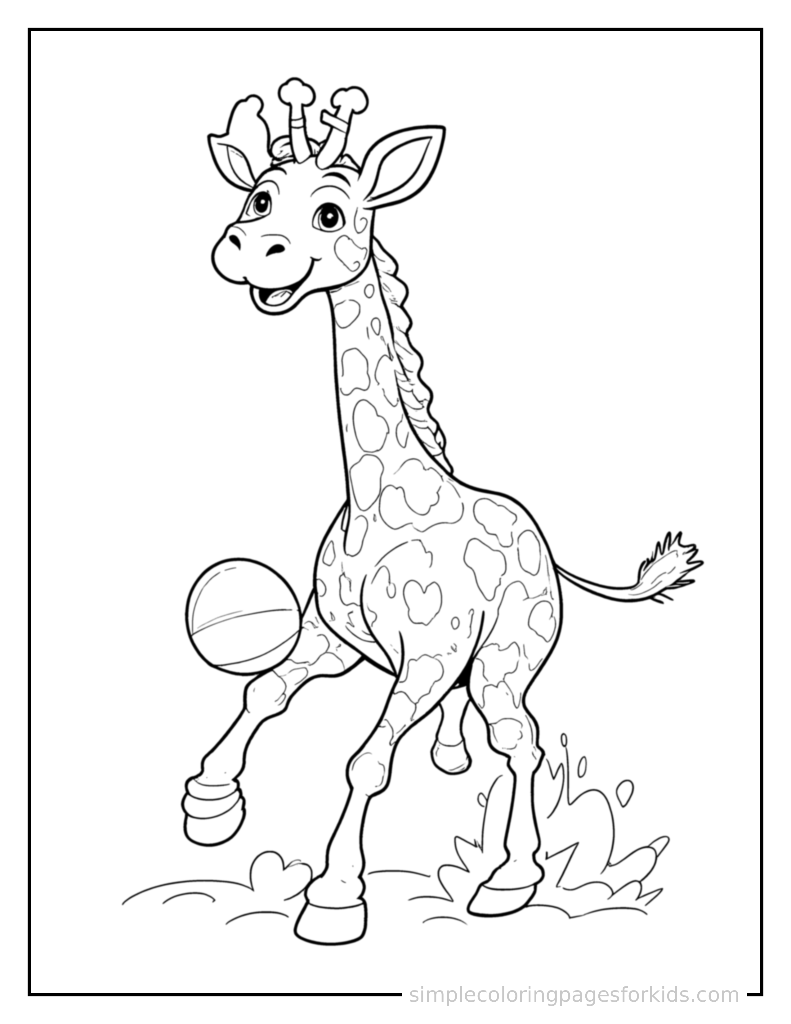 Free printable giraffe coloring page featuring a cute giraffe mid-bounce chasing a round ball, front paws stretched forward, mouth open with excitement, ears flopping.