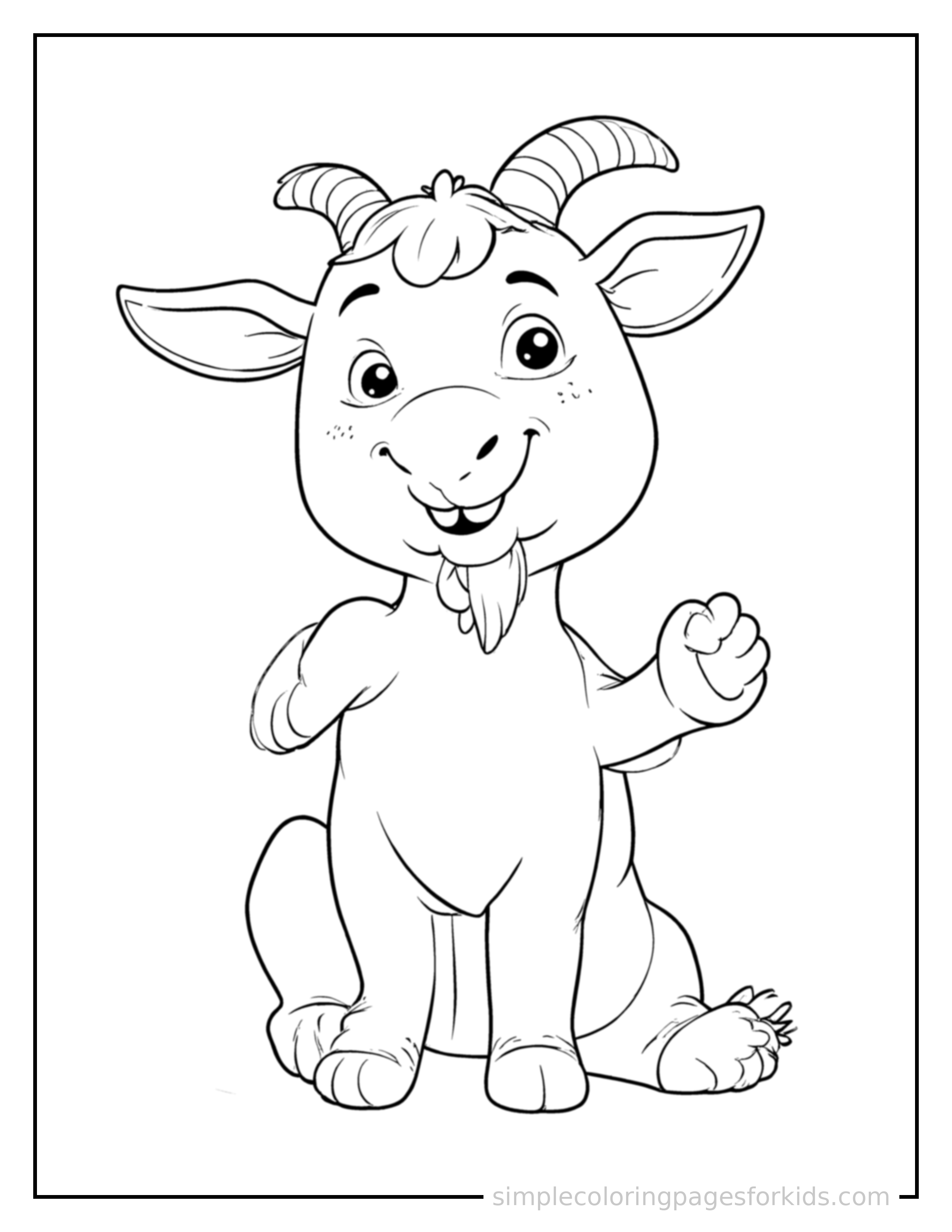 Free printable goat coloring page featuring a cute goat sitting up tall with a big cheerful grin, head tilted slightly, one paw raised in a wave.