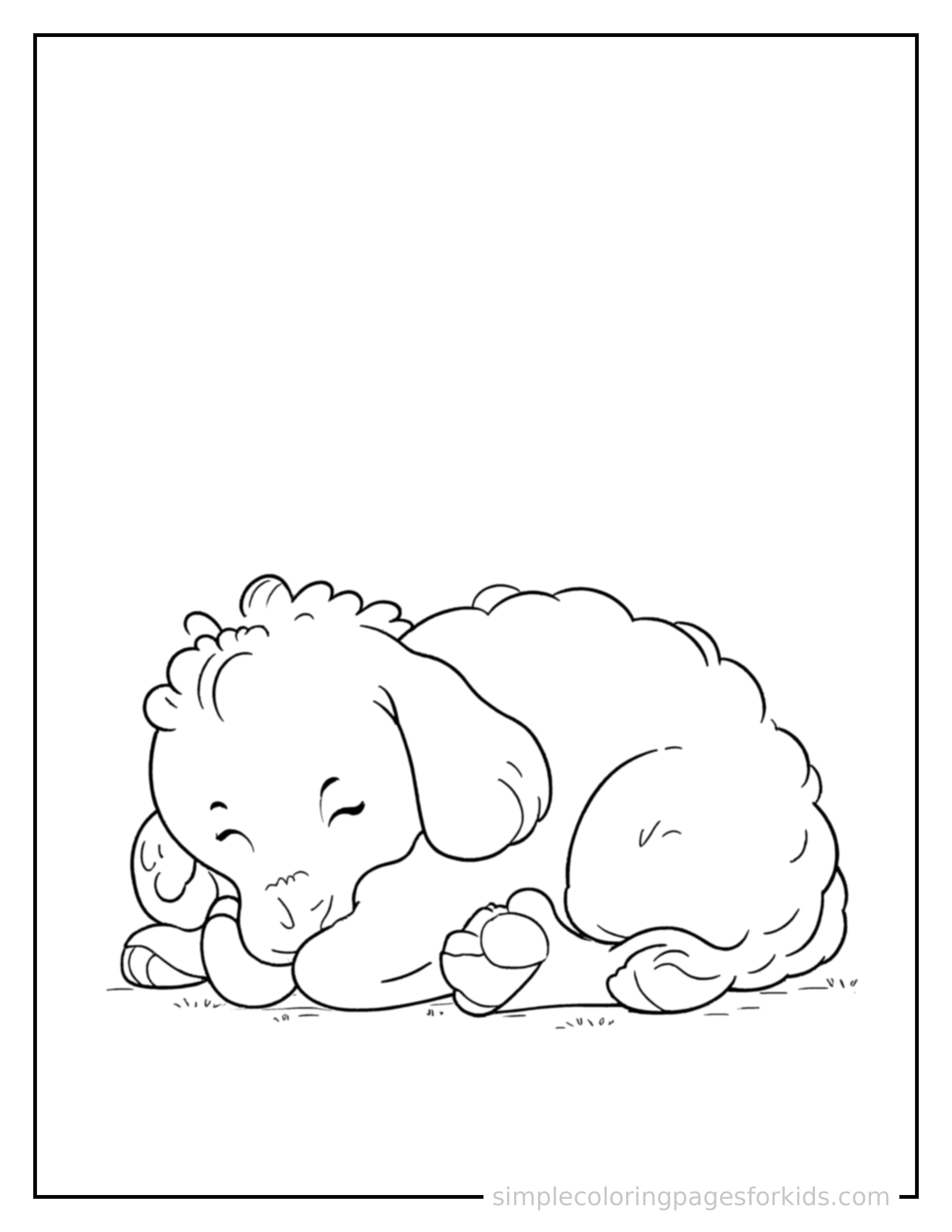 Free printable goat coloring page featuring a cute goat curled up fast asleep, peaceful smile, one eye scrunched shut, paws tucked under its chin.