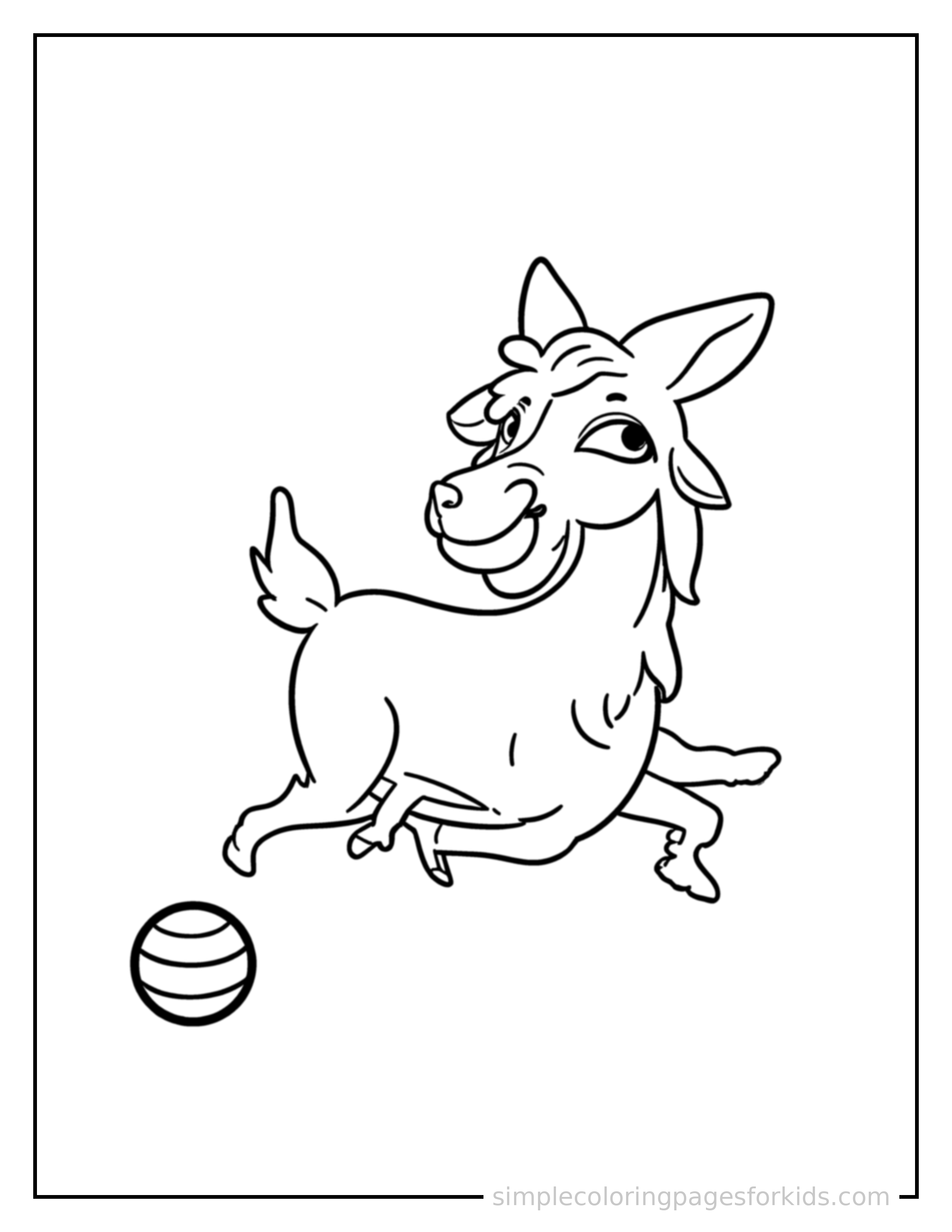Free printable goat coloring page featuring a cute goat mid-bounce chasing a round ball, front paws stretched forward, mouth open with excitement, ears flopping.