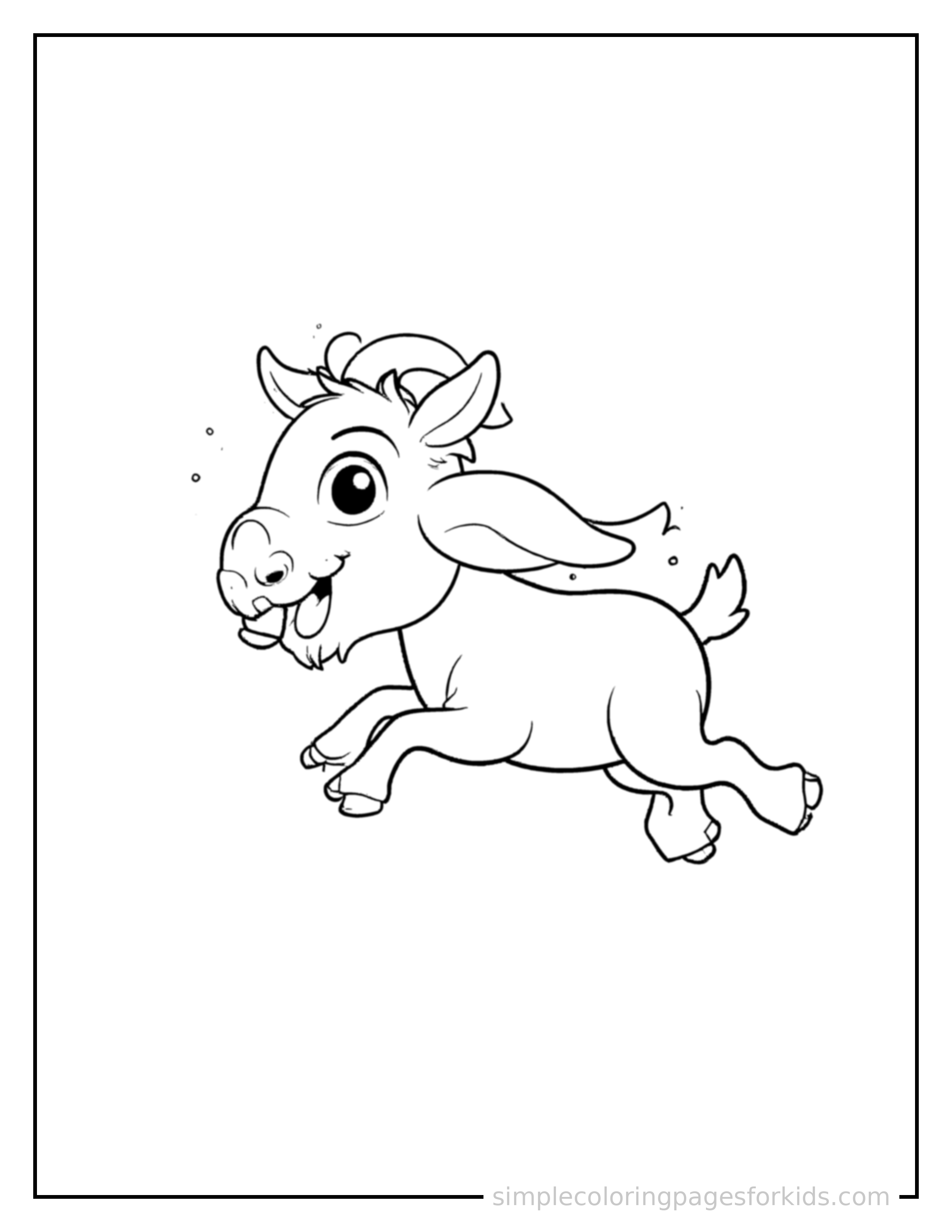 Free printable goat coloring page featuring a cute goat galloping forward at full speed, tongue out, ears flying back, big happy grin.