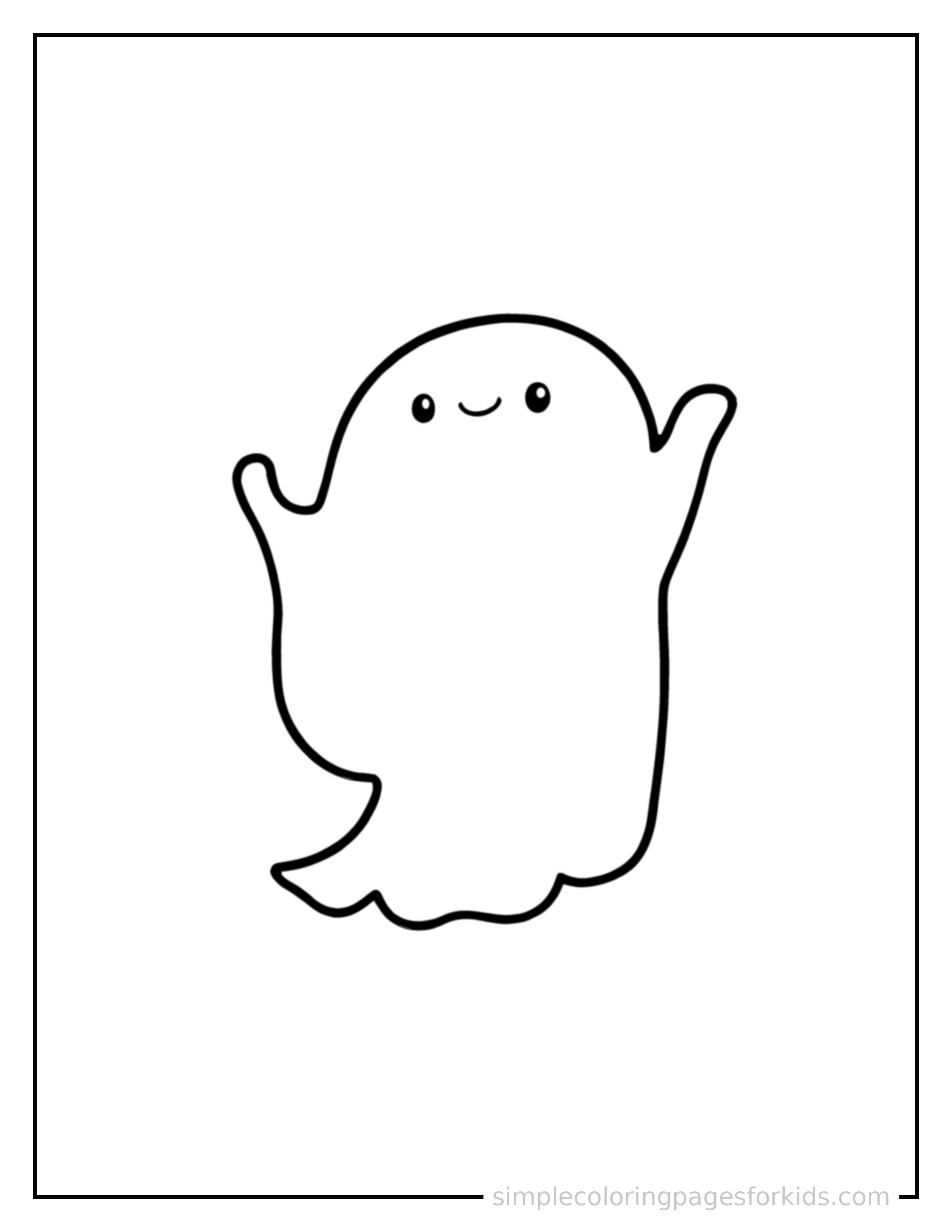 Free printable halloween coloring page featuring a cute ghost character with a happy expression, floating.