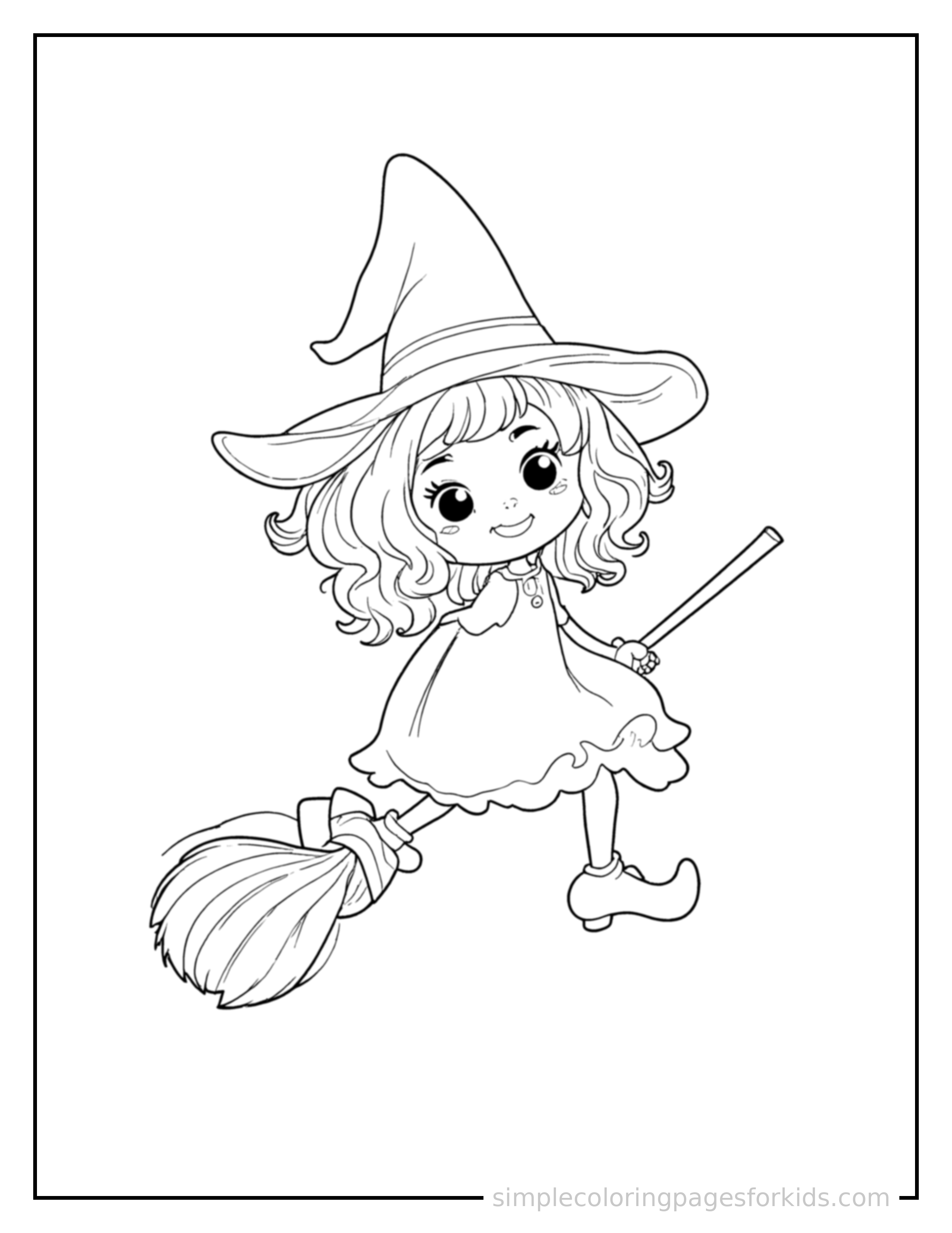 Free printable halloween coloring page featuring a little witch with a pointy hat riding a broom.