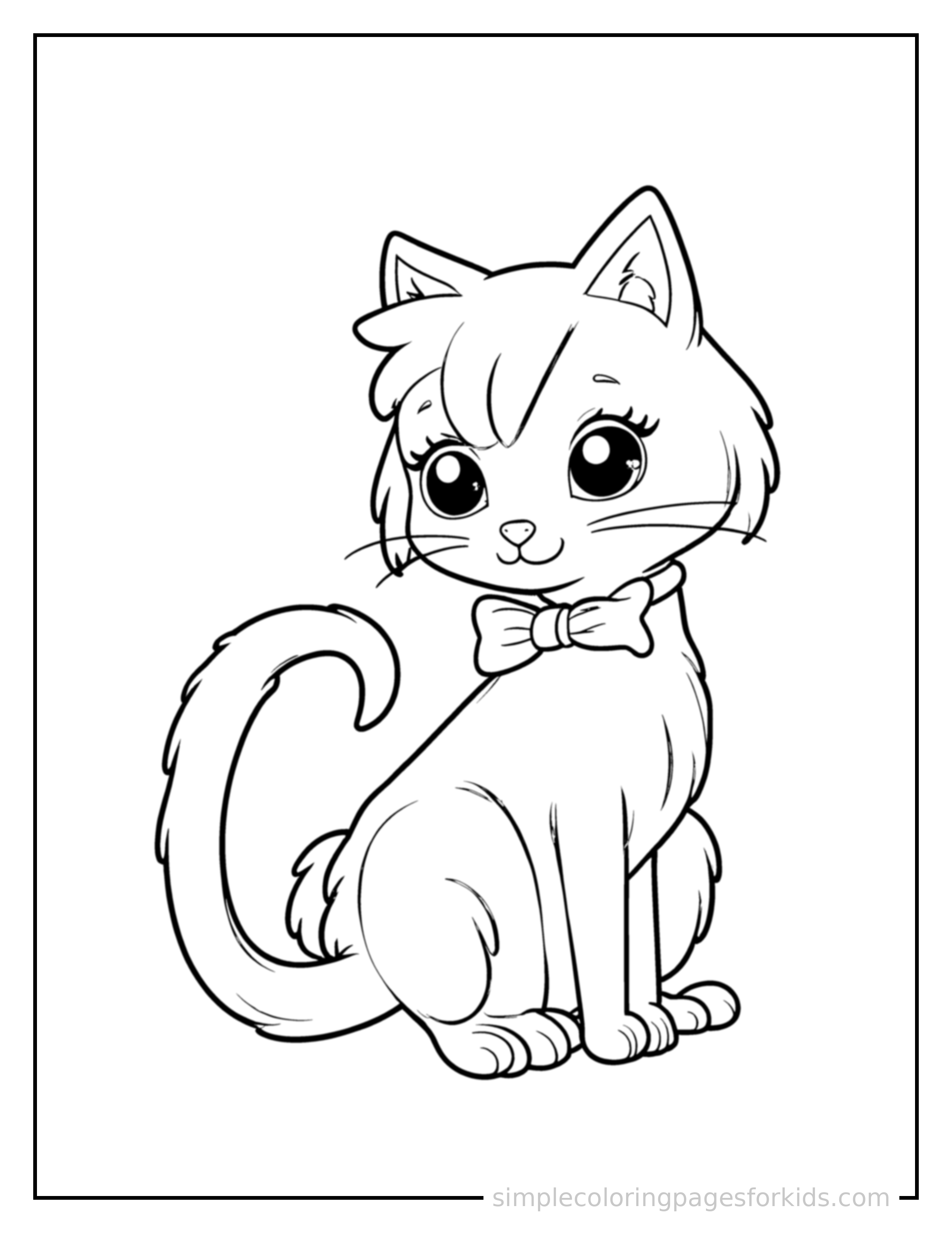 Free printable halloween coloring page featuring a black cat with a cute bow, arched back.