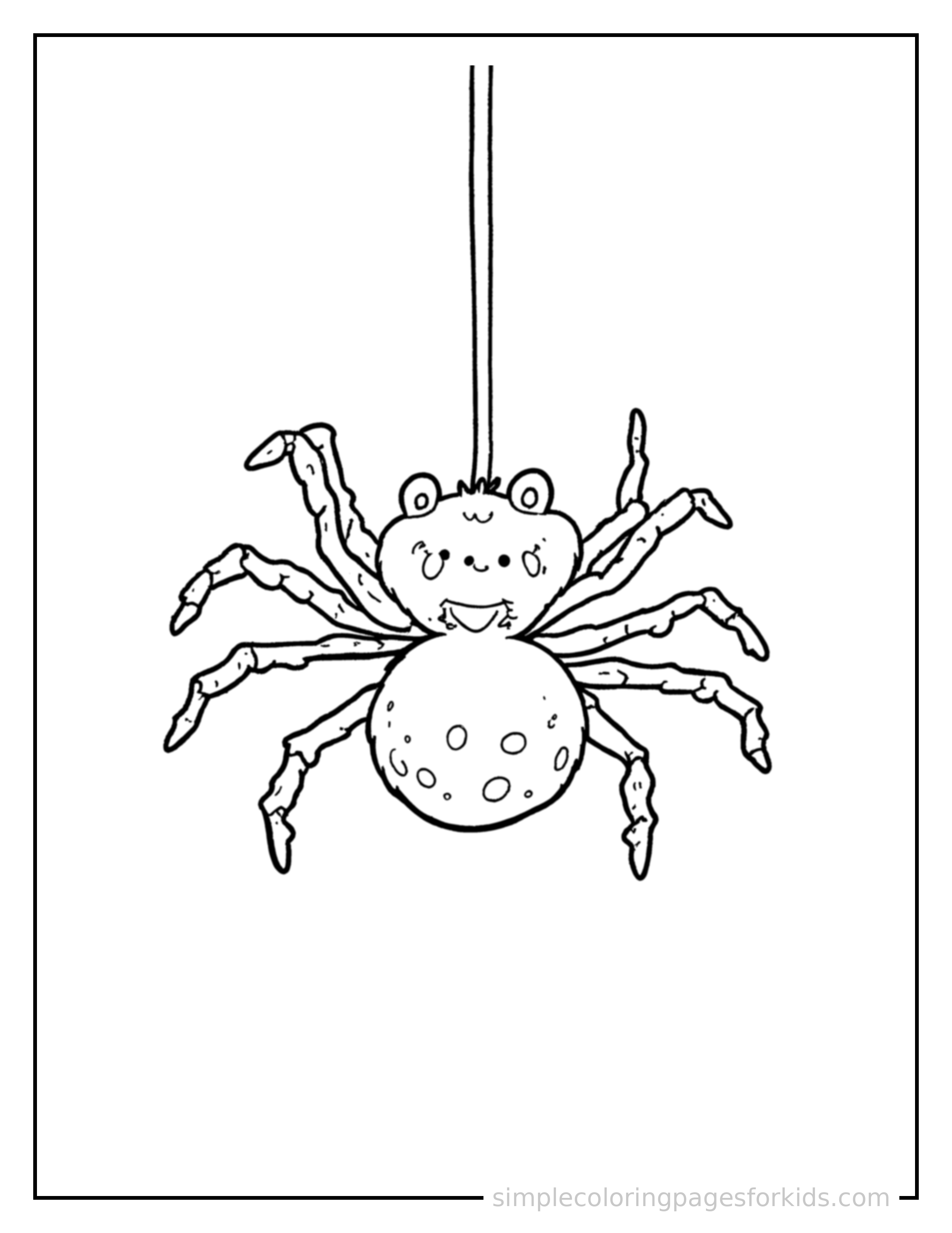 Free printable halloween coloring page featuring a cute spider hanging from a web thread.