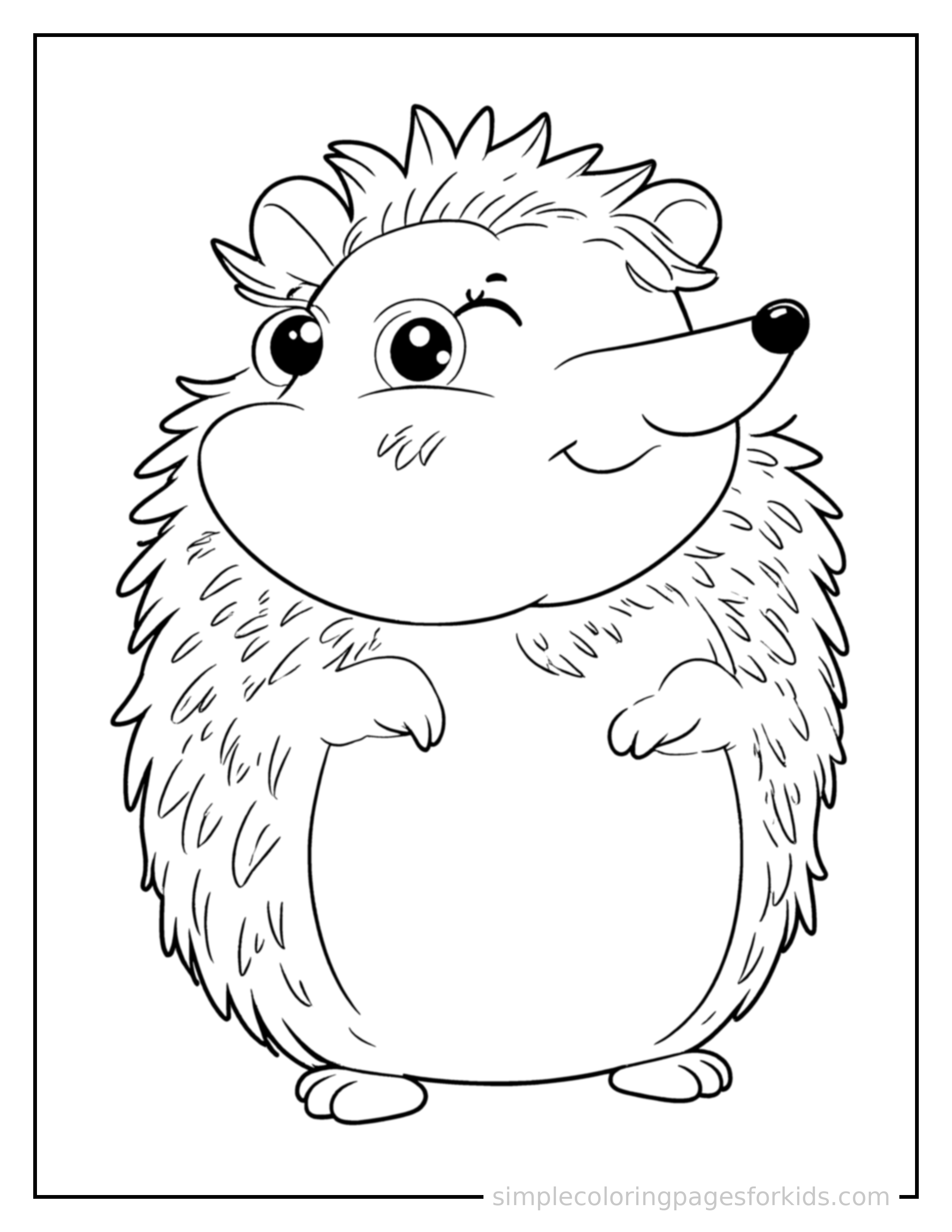 Free printable hedgehog coloring page featuring a cute hedgehog standing proudly on all fours, chest puffed out, big sparkling happy eyes, mouth open in a joyful smile.
