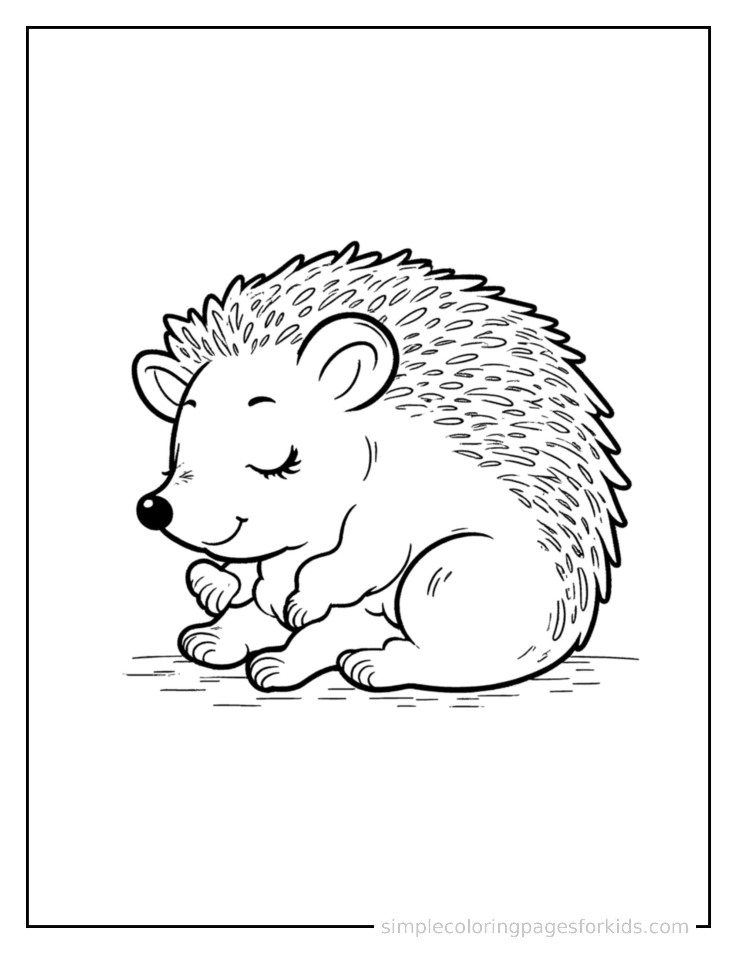 Free printable hedgehog coloring page featuring a cute hedgehog curled up fast asleep, peaceful smile, one eye scrunched shut, paws tucked under its chin.