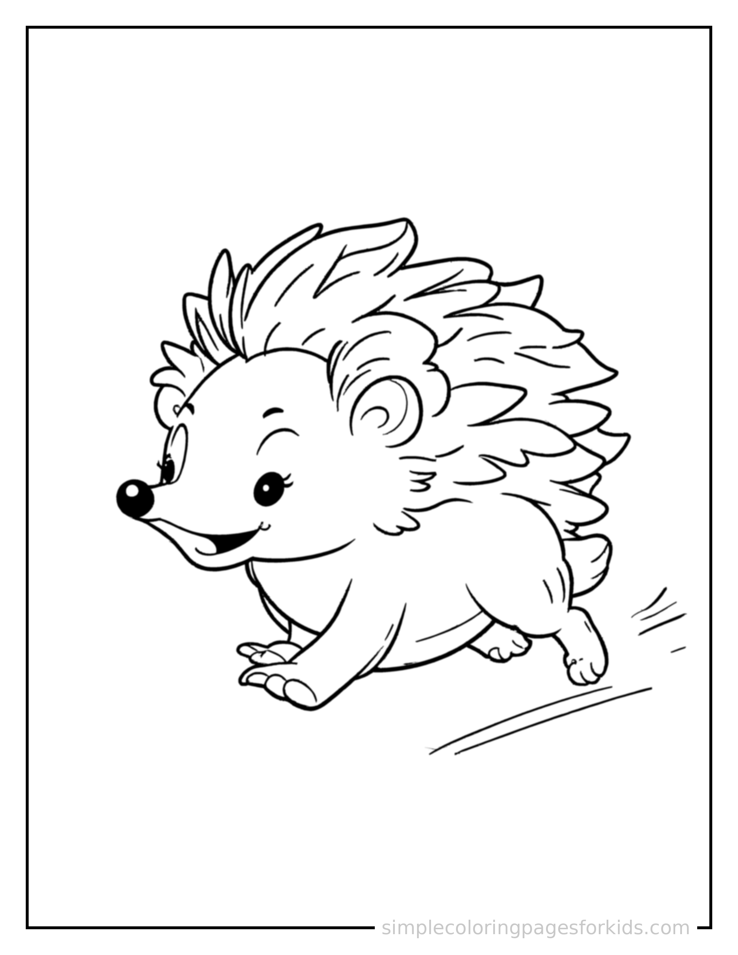 Free printable hedgehog coloring page featuring a cute hedgehog galloping forward at full speed, tongue out, ears flying back, big happy grin.