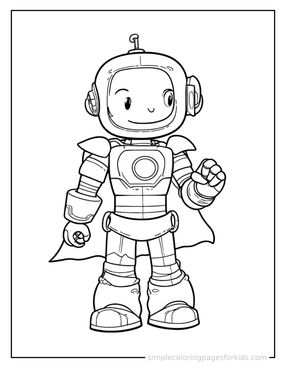 Free printable hero robot coloring page featuring a cute superhero robot with a simple round visor face and a colorful chest emblem standing tall with a big cheerful grin, one hand raised in a wave, head tilted slightly.