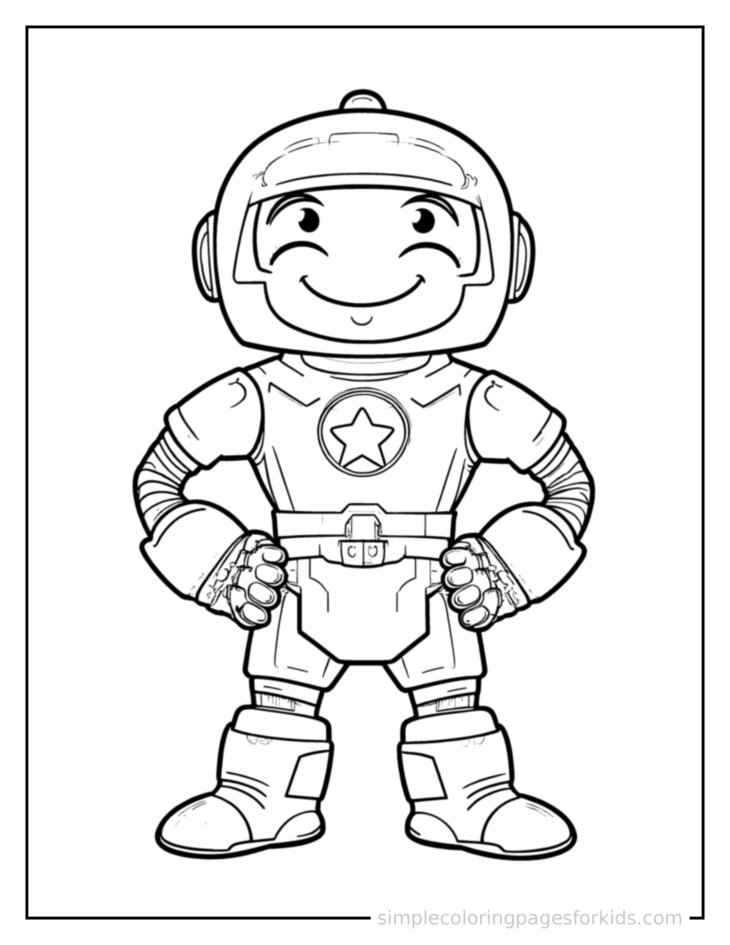 Free printable hero robot coloring page featuring a cute superhero robot with a simple round visor face and a colorful chest emblem standing proudly with hands on hips, chest out, big sparkling happy eyes and open smile.