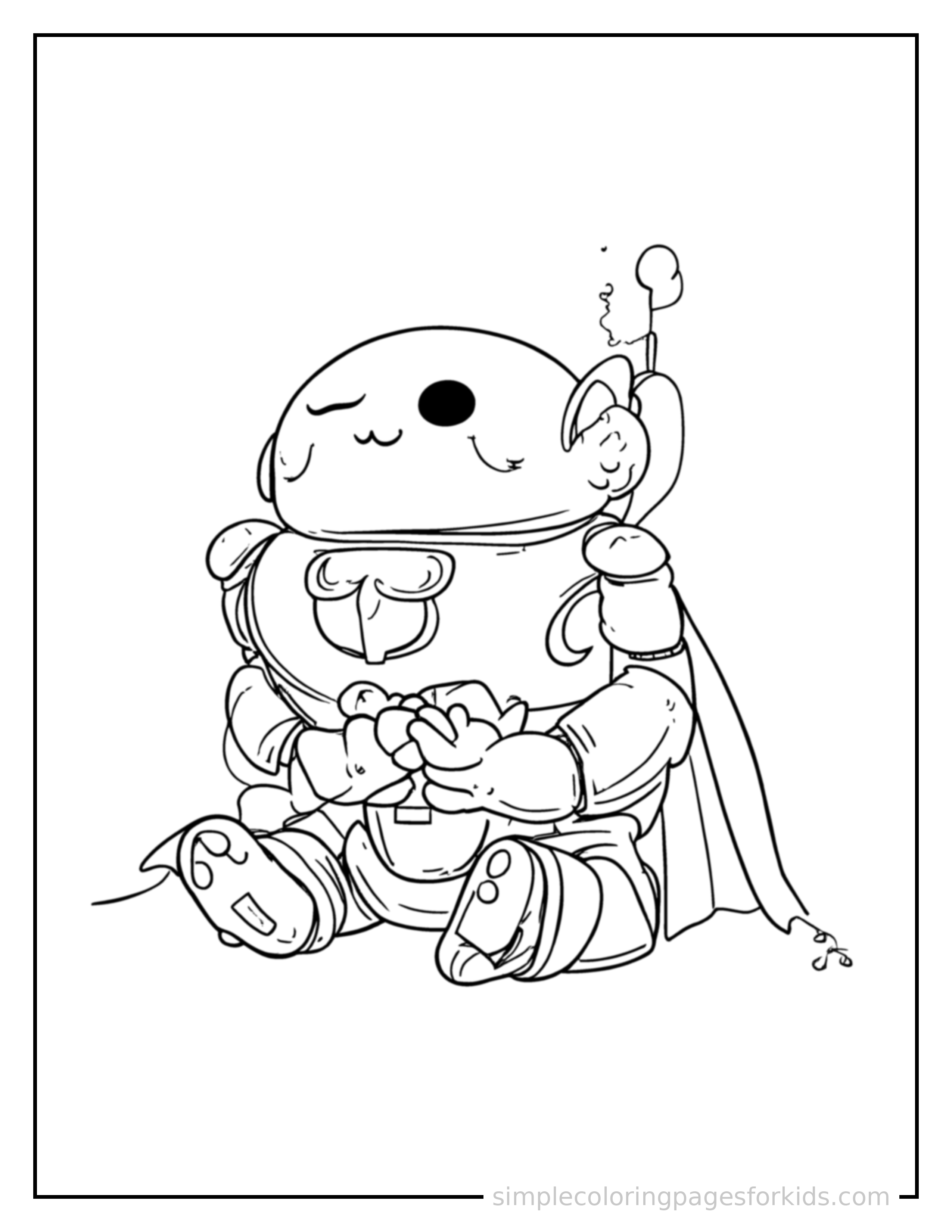Free printable hero robot coloring page featuring a cute superhero robot with a simple round visor face and a colorful chest emblem curled up fast asleep, peaceful smile, one eye scrunched shut, hands tucked under the chin.