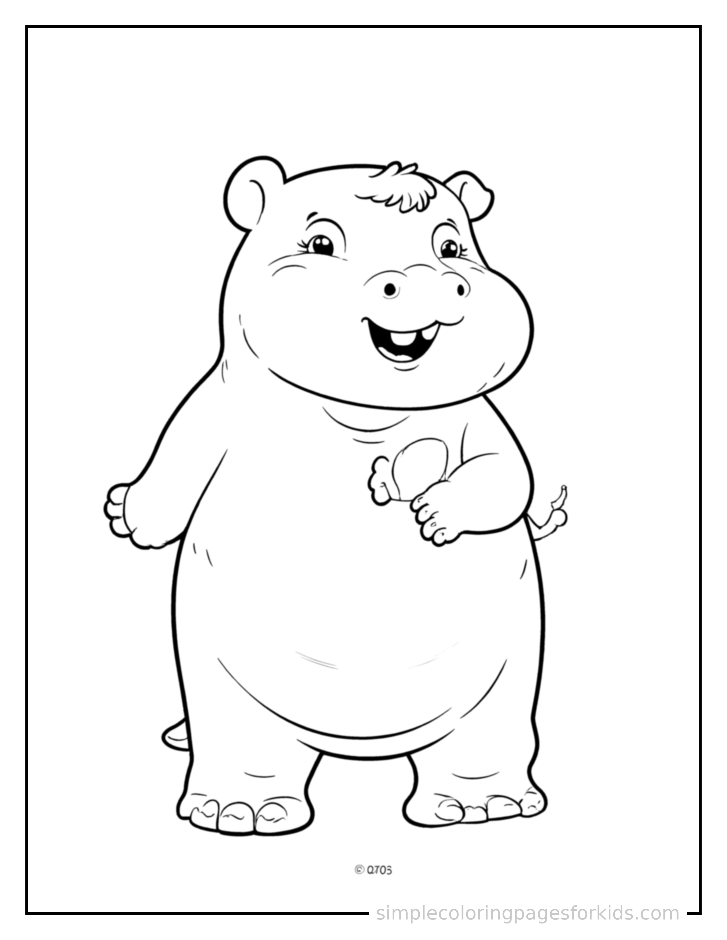 Free printable hippo coloring page featuring a cute hippo standing proudly on all fours, chest puffed out, big sparkling happy eyes, mouth open in a joyful smile.