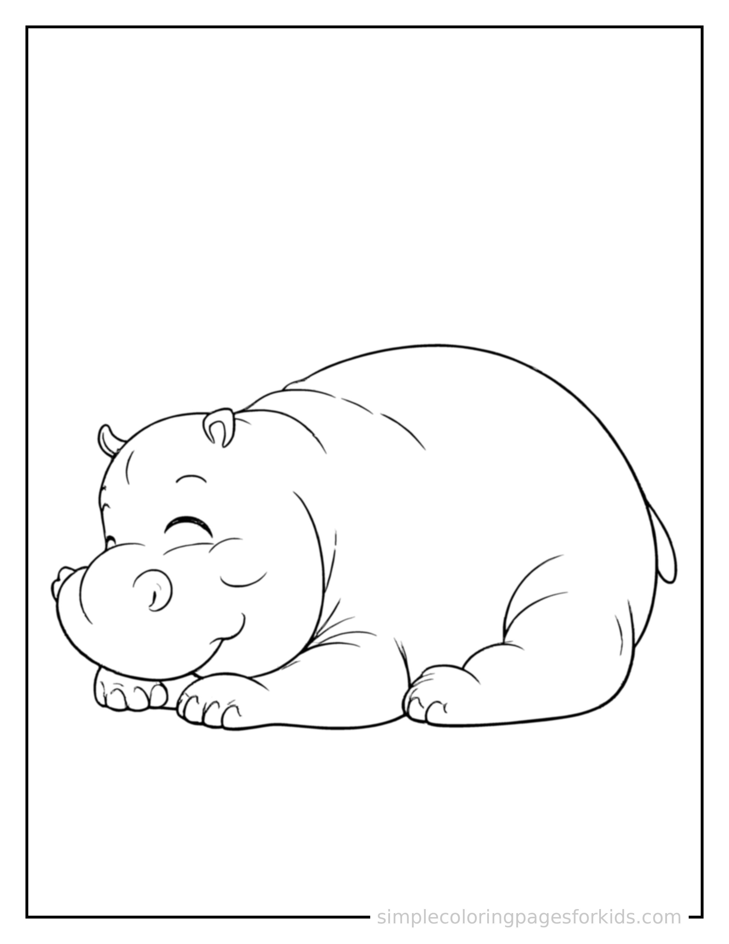 Free printable hippo coloring page featuring a cute hippo curled up fast asleep, peaceful smile, one eye scrunched shut, paws tucked under its chin.