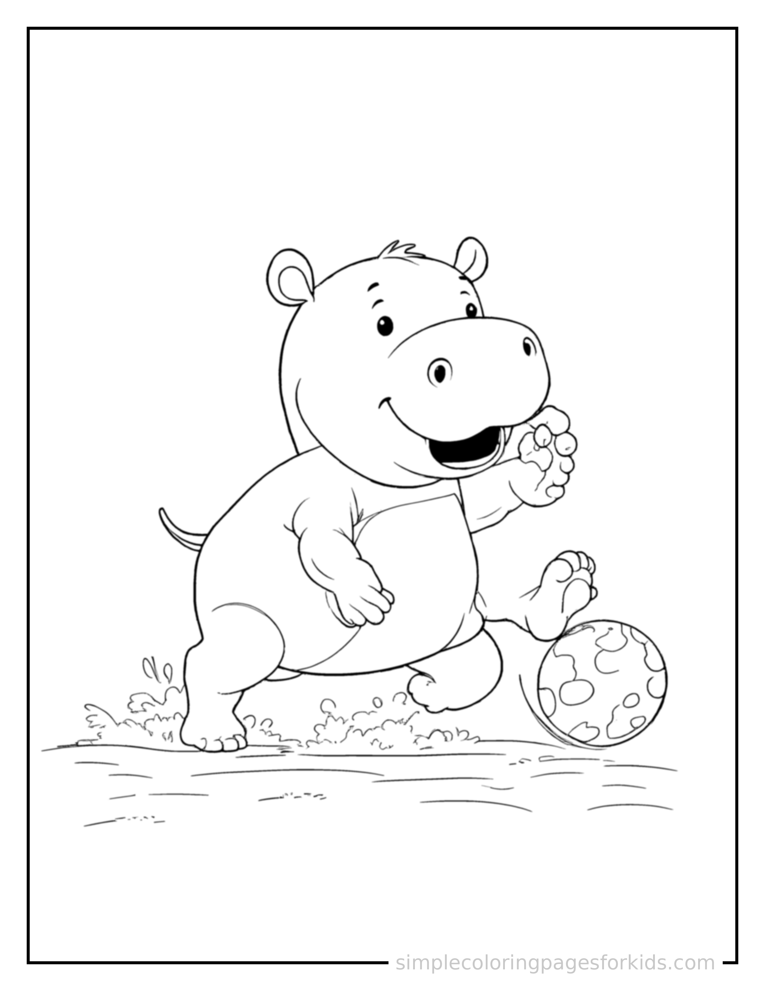 Free printable hippo coloring page featuring a cute hippo mid-bounce chasing a round ball, front paws stretched forward, mouth open with excitement, ears flopping.