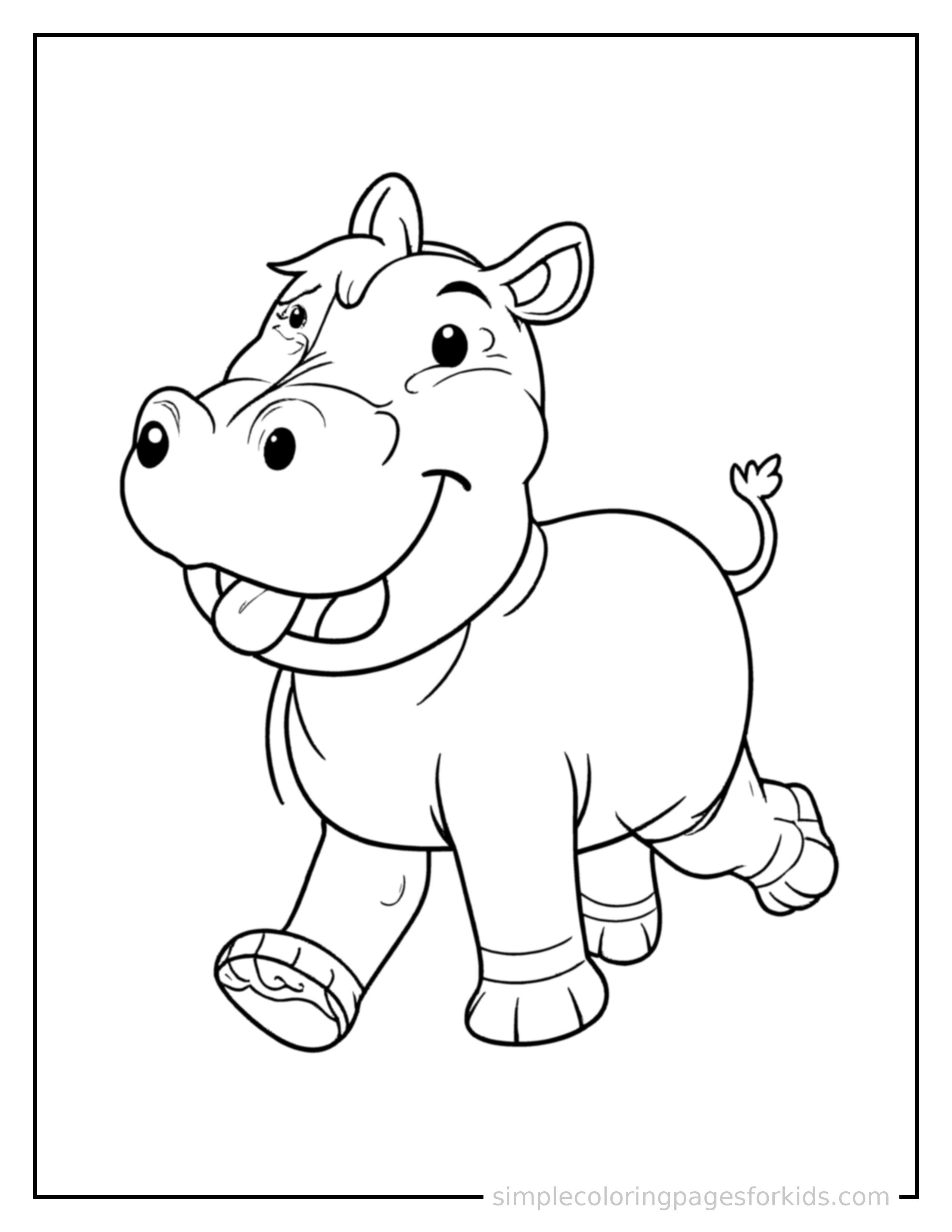 Free printable hippo coloring page featuring a cute hippo galloping forward at full speed, tongue out, ears flying back, big happy grin.