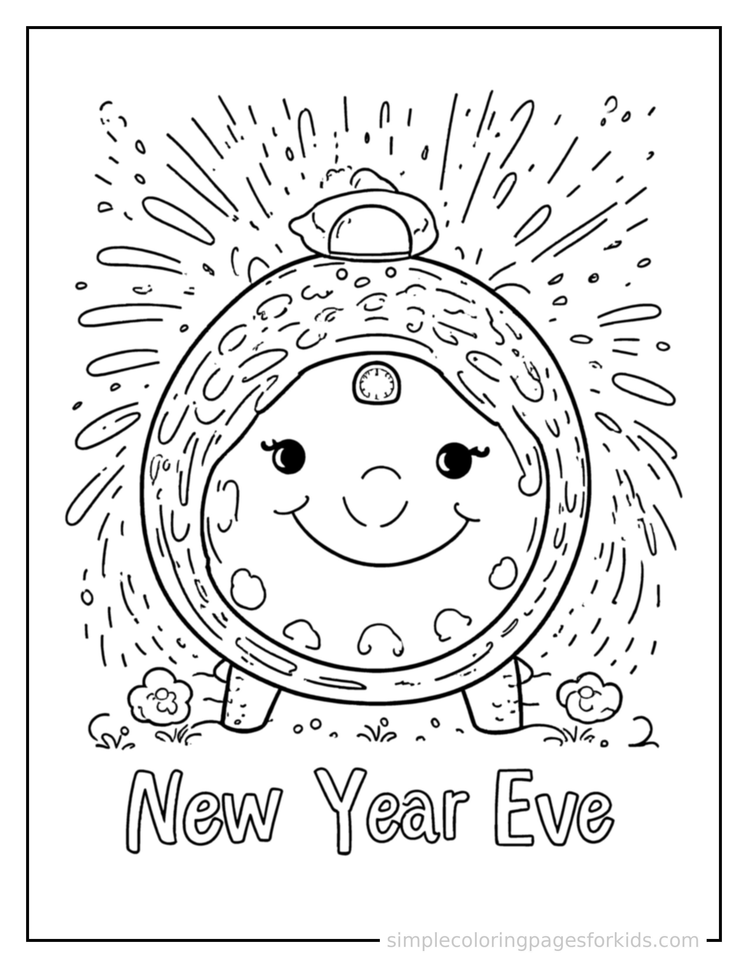 Free printable new year's eve fireworks and countdown clock coloring page featuring a cute New Year's Eve fireworks and countdown clock, shown as a simple central illustration with a cute smiling face.