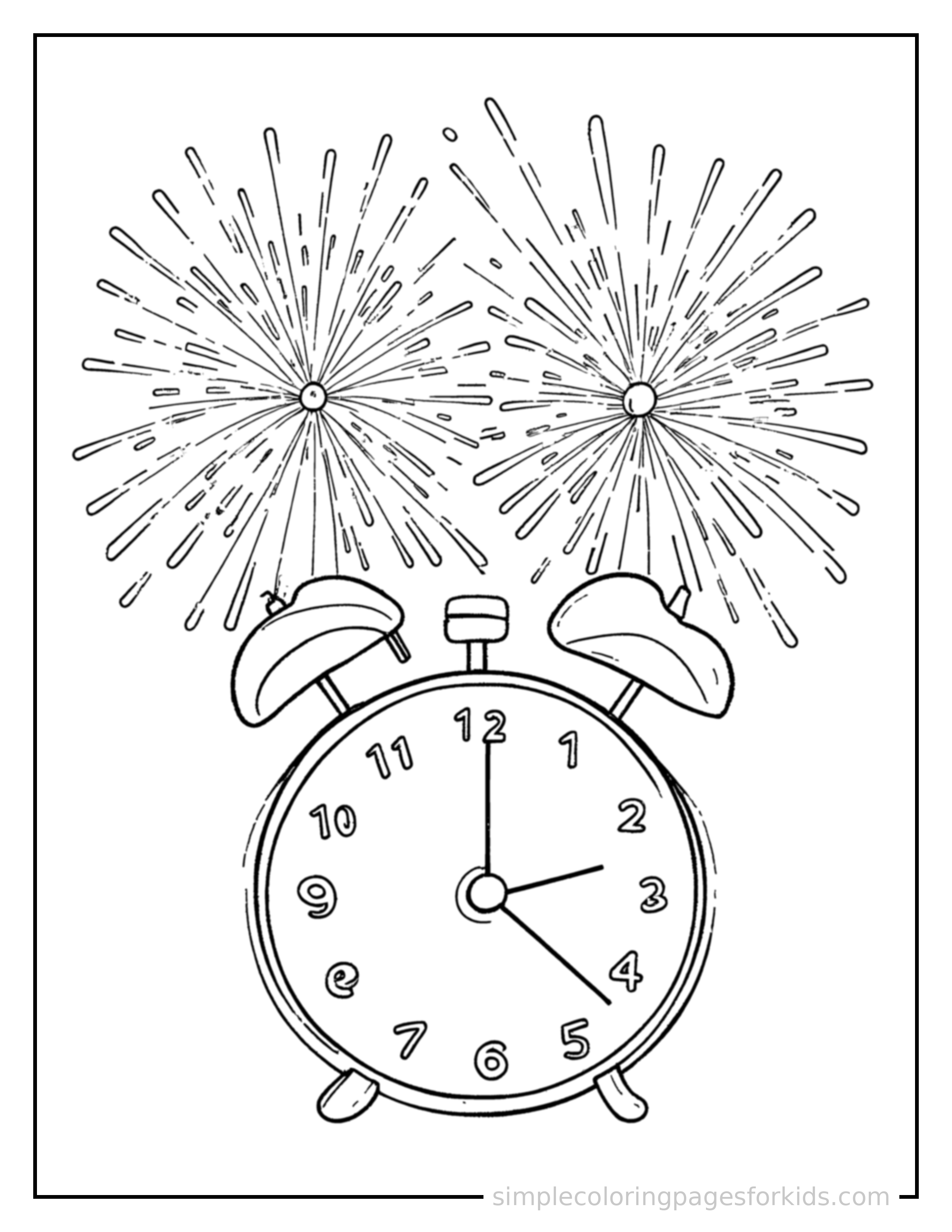 Free printable new year's eve fireworks and countdown clock coloring page featuring a cute New Year's Eve fireworks and countdown clock, shown from a slightly different angle with small decorative sparkle marks nearby.