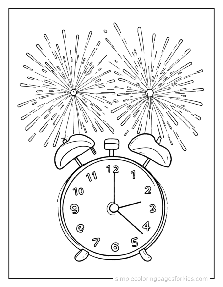 Sparkling New Year’S Eve Fireworks And Countdown Clock Coloring Page