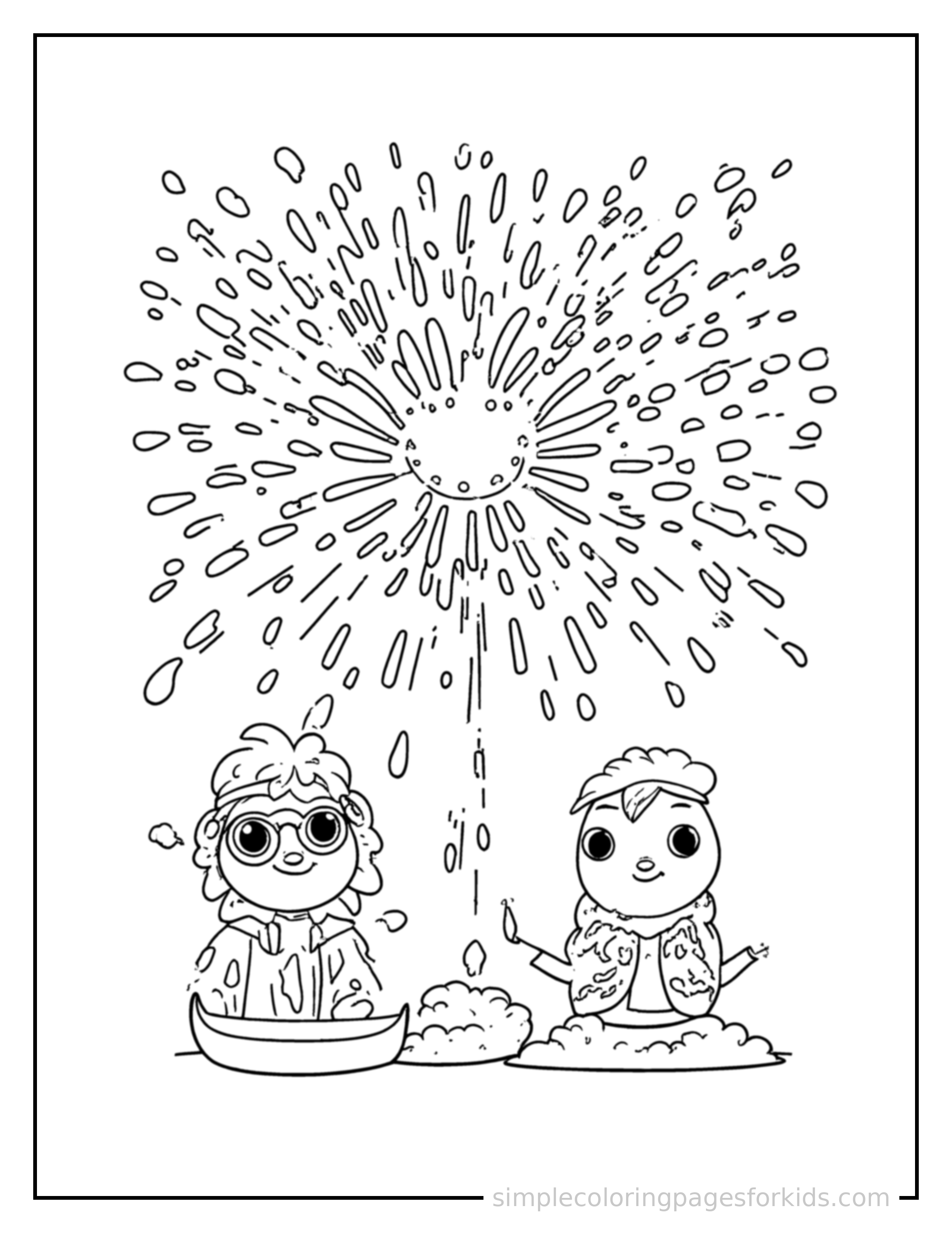 Free printable new year's eve fireworks and countdown clock coloring page featuring a cute New Year's Eve fireworks and countdown clock, shown with a smaller mini version of itself beside it.