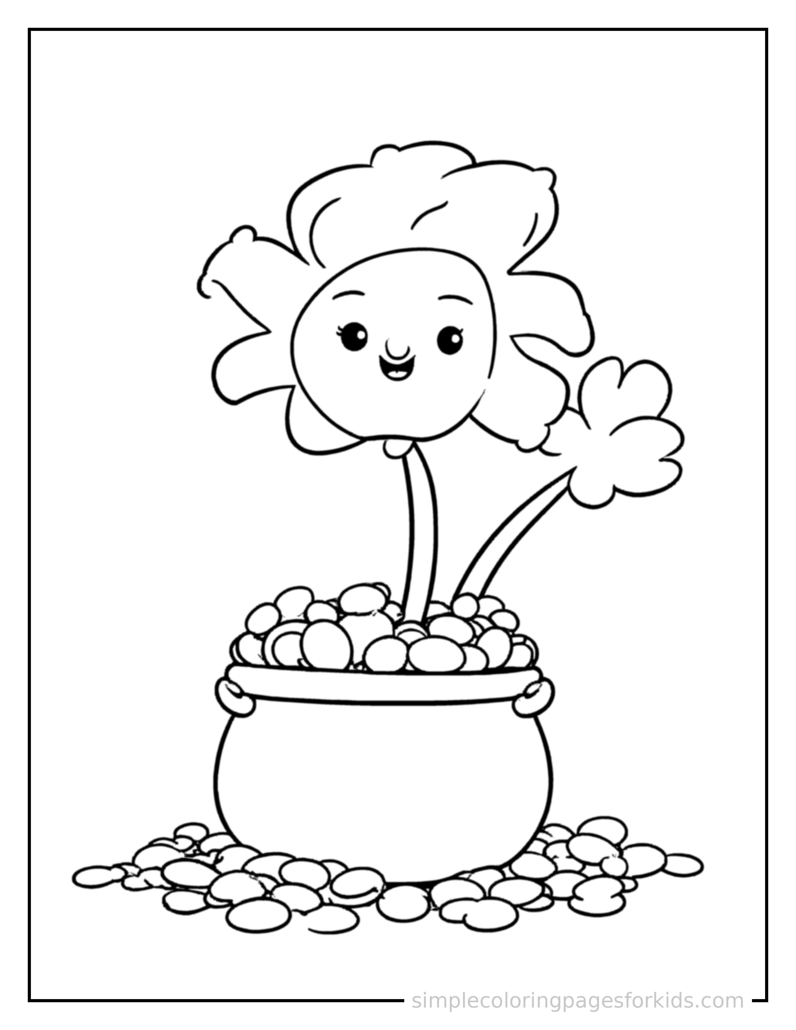Free printable st. patrick's day shamrock and pot of gold coloring page featuring a cute St. Patrick's Day shamrock and pot of gold, shown as a simple central illustration with a cute smiling face.