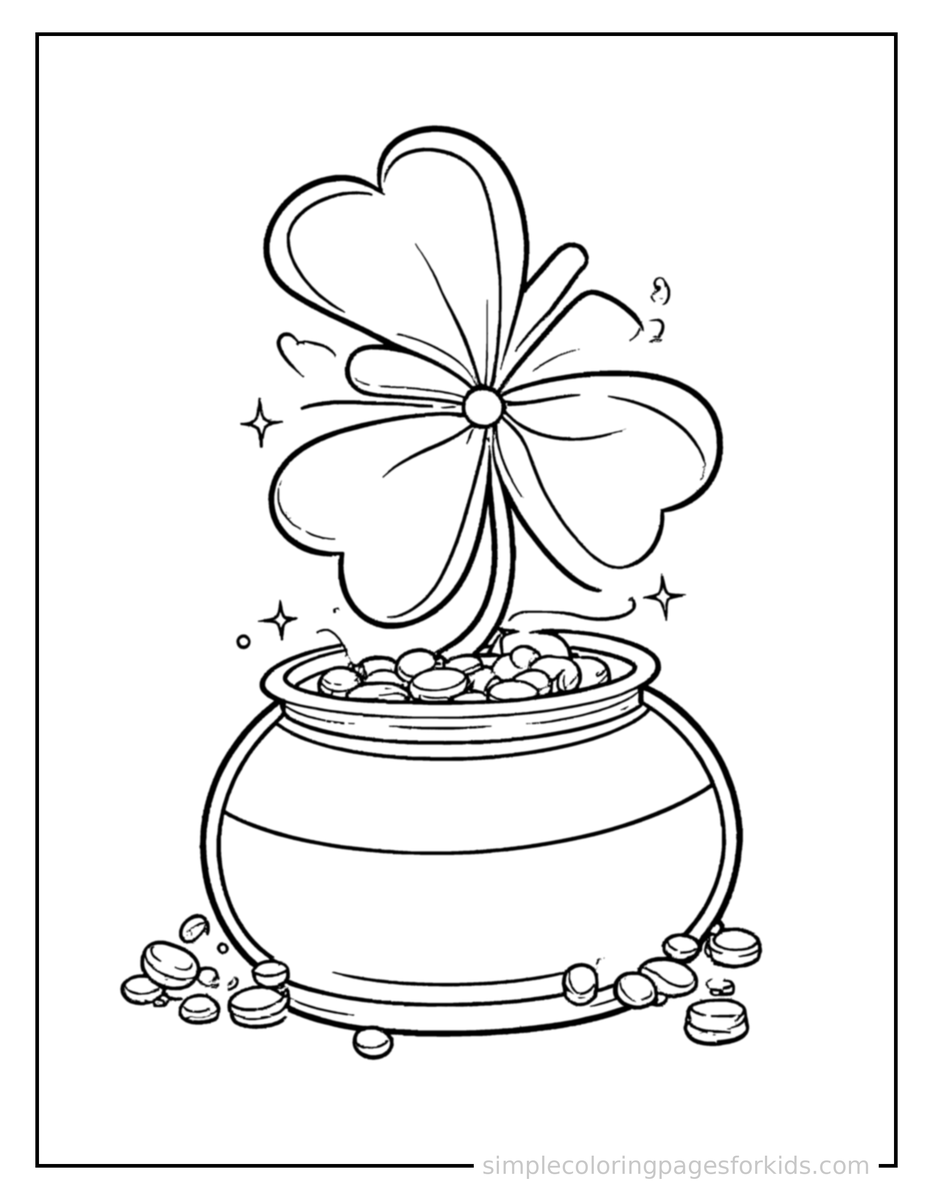 Sparkling St. Patrick’S Day Shamrock And Pot Of Gold Coloring Page