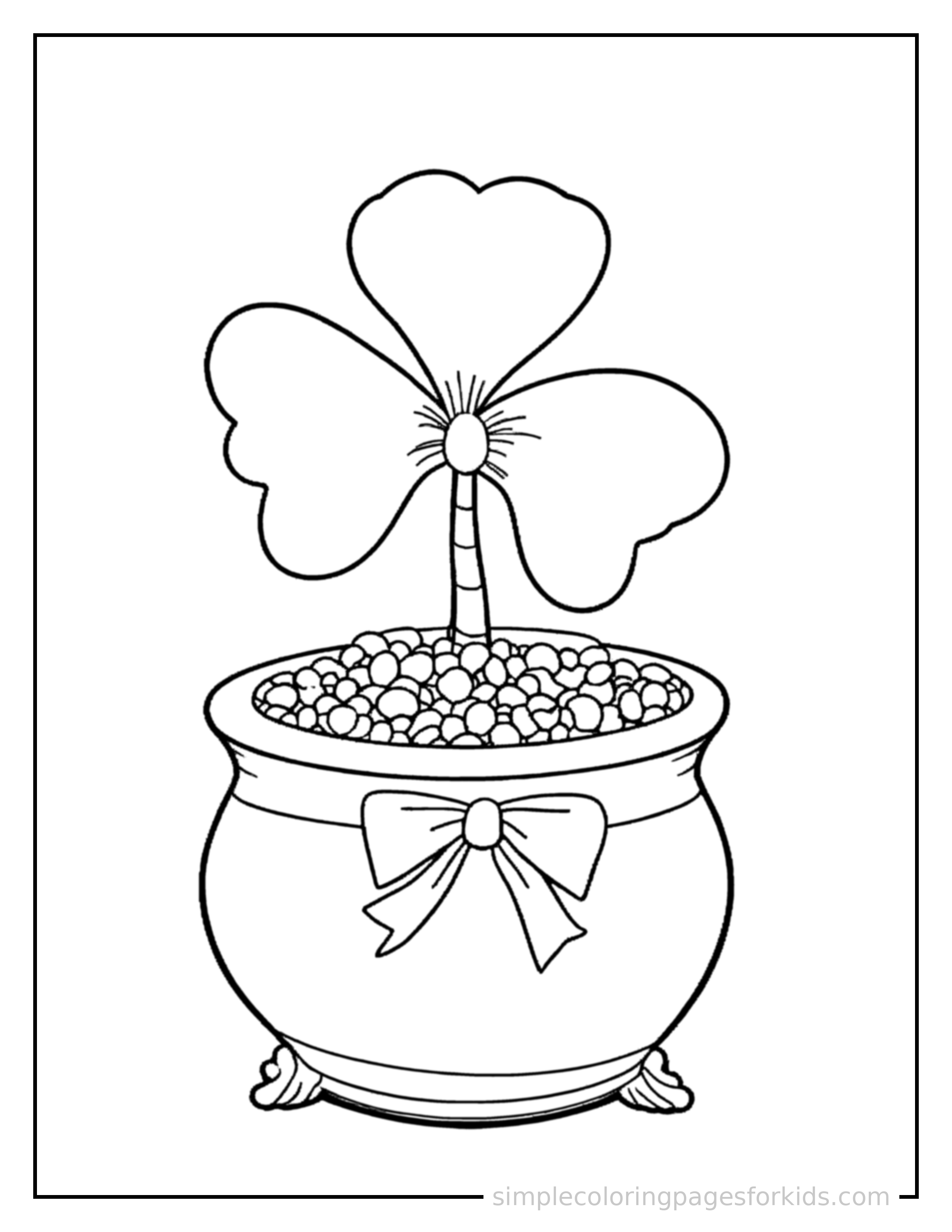 Free printable st. patrick's day shamrock and pot of gold coloring page featuring a cute St. Patrick's Day shamrock and pot of gold, decorated with a simple bow or ribbon for a festive touch.