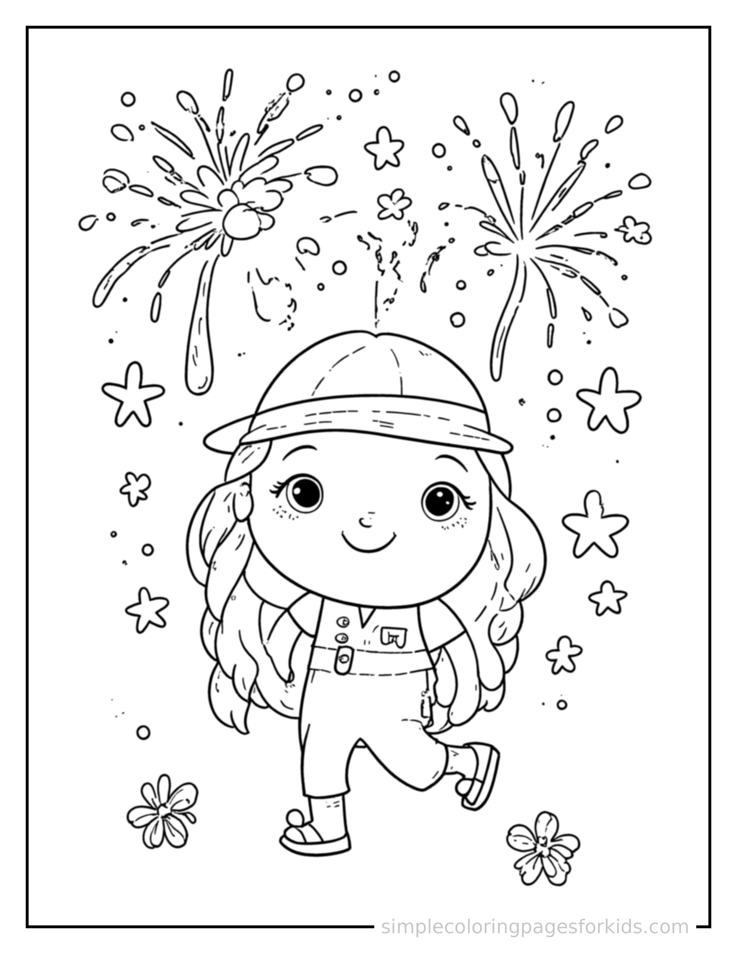 Free printable fourth of july fireworks celebration coloring page featuring a cute Fourth of July fireworks celebration, shown as a simple central illustration with a cute smiling face.