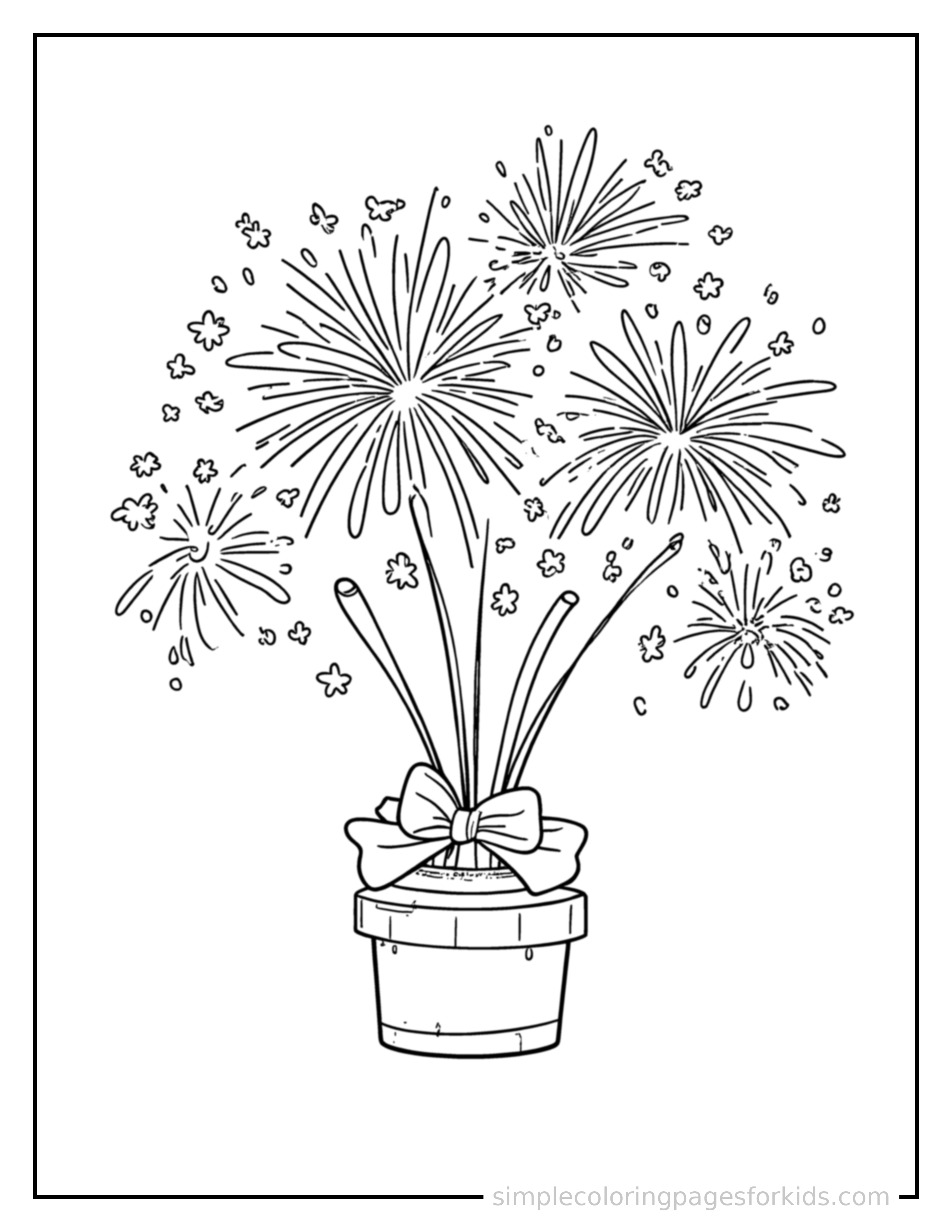 Free printable fourth of july fireworks celebration coloring page featuring a cute Fourth of July fireworks celebration, decorated with a simple bow or ribbon for a festive touch.