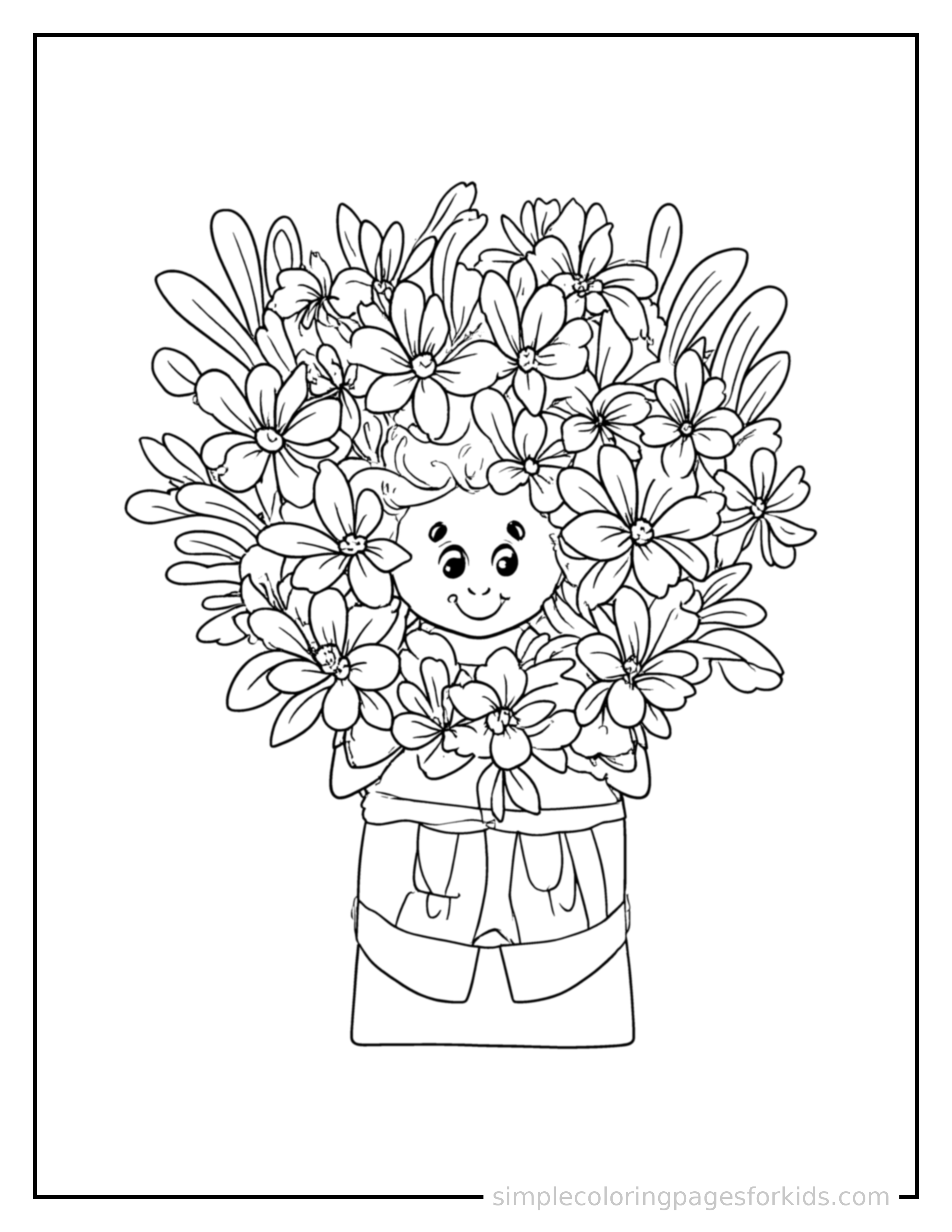 Free printable mother's day bouquet of flowers and a card coloring page featuring a cute Mother's Day bouquet of flowers and a card, shown as a simple central illustration with a cute smiling face.