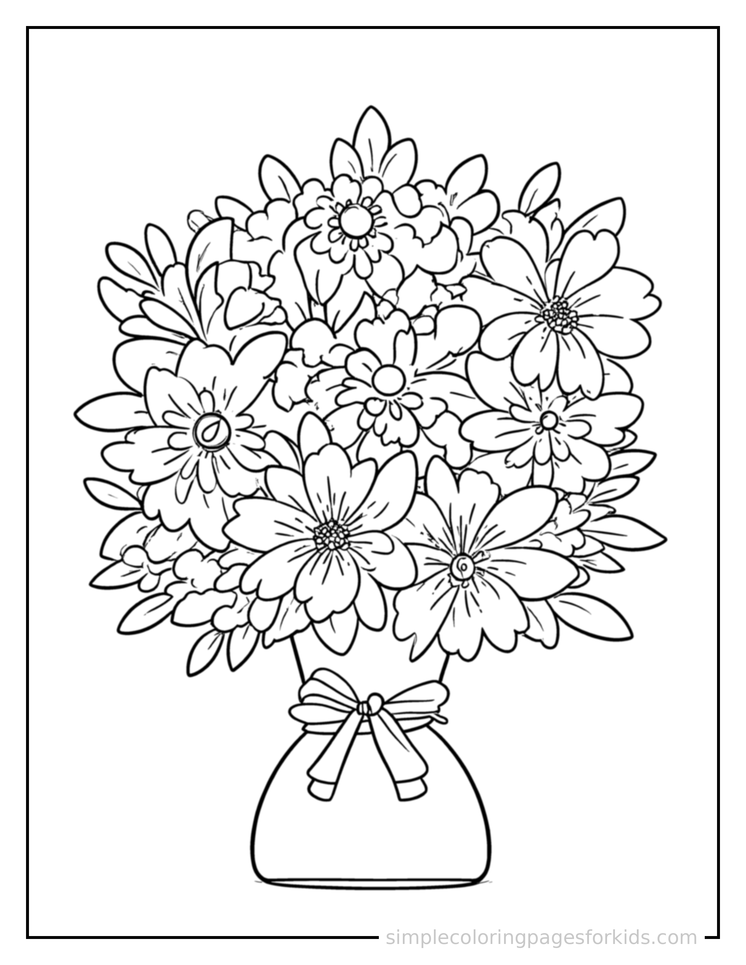 Free printable mother's day bouquet of flowers and a card coloring page featuring a cute Mother's Day bouquet of flowers and a card, decorated with a simple bow or ribbon for a festive touch.