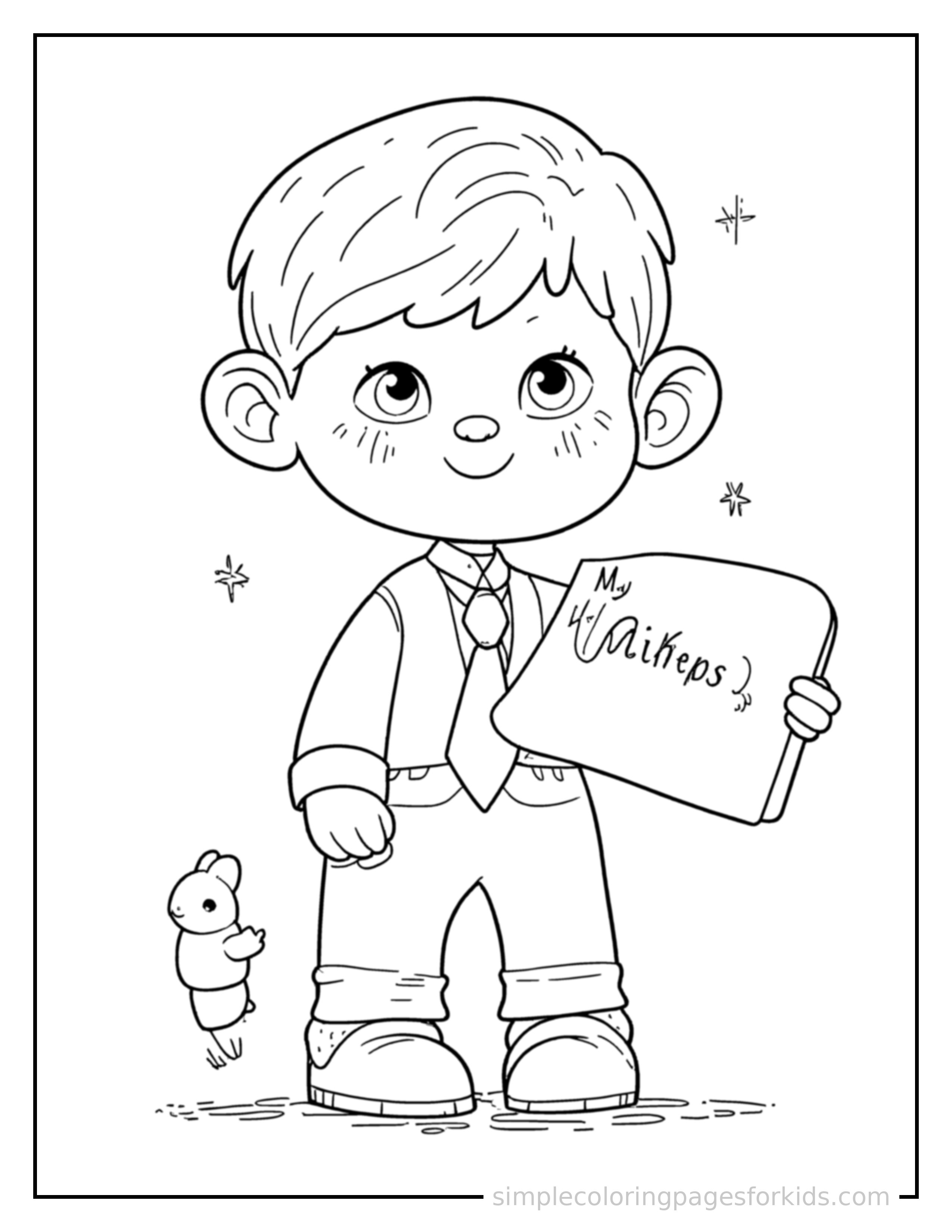 Free printable father's day necktie and a card coloring page featuring a cute Father's Day necktie and a card, shown from a slightly different angle with small decorative sparkle marks nearby.