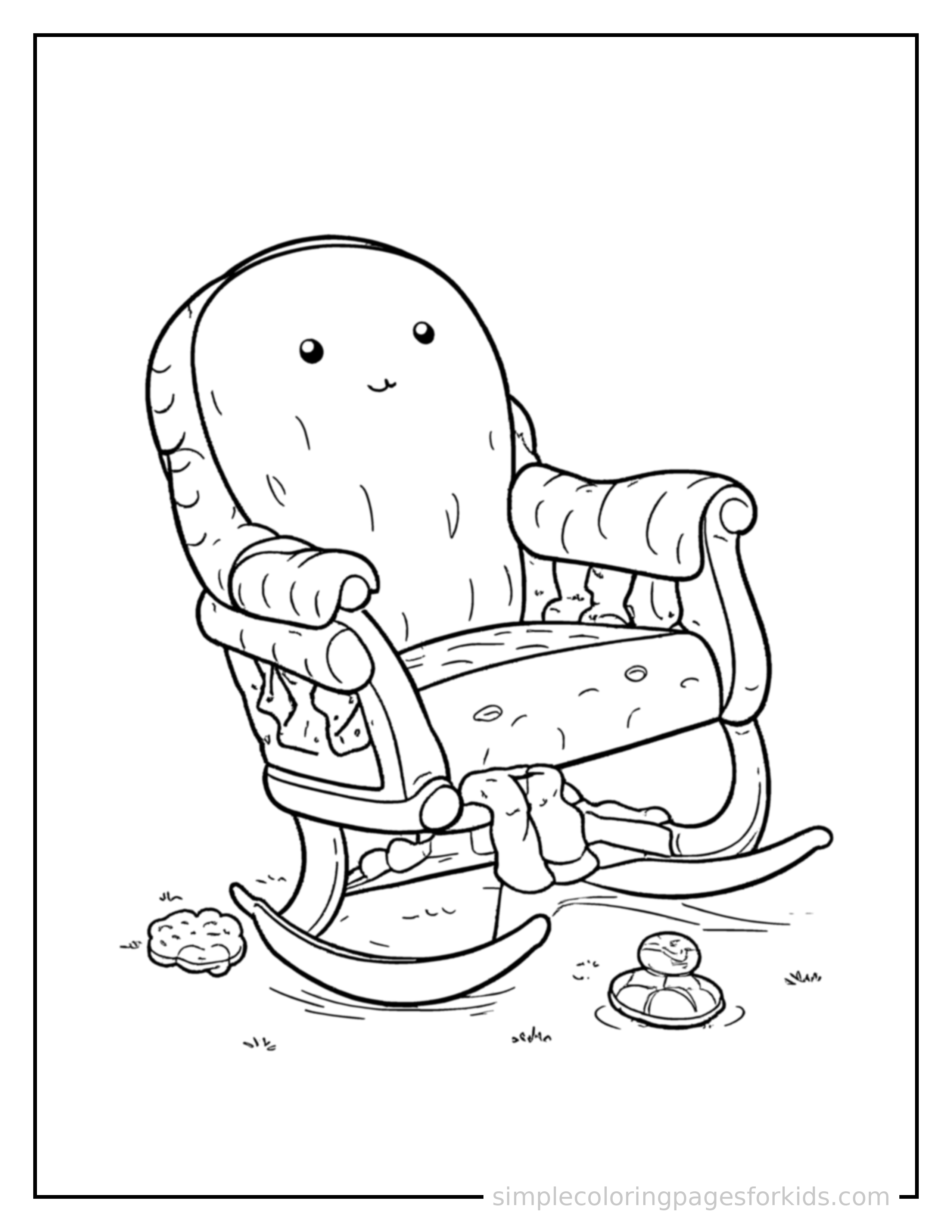 Free printable grandparents day rocking chair and cookies coloring page featuring a cute Grandparents Day rocking chair and cookies, shown from a slightly different angle with small decorative sparkle marks nearby.