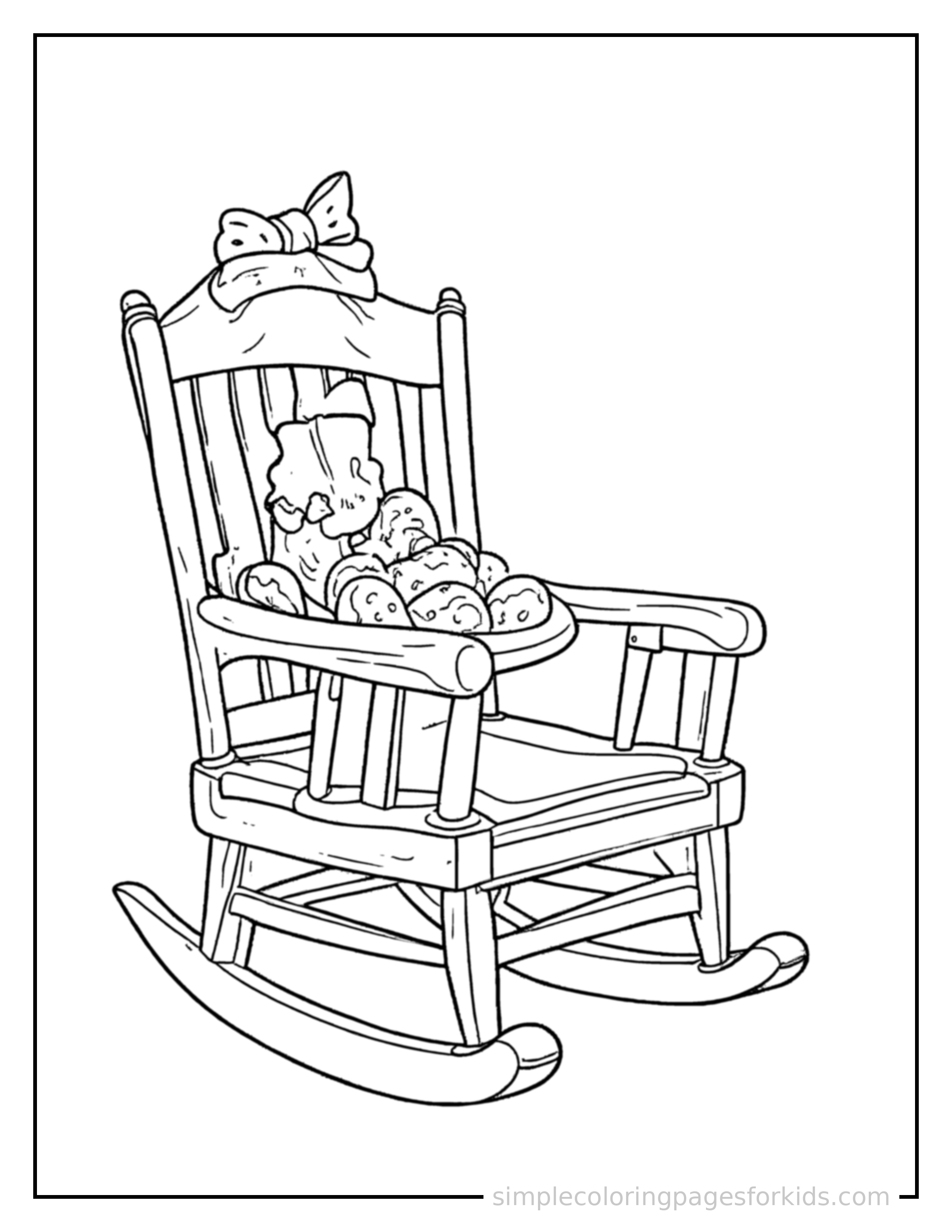 Free printable grandparents day rocking chair and cookies coloring page featuring a cute Grandparents Day rocking chair and cookies, decorated with a simple bow or ribbon for a festive touch.