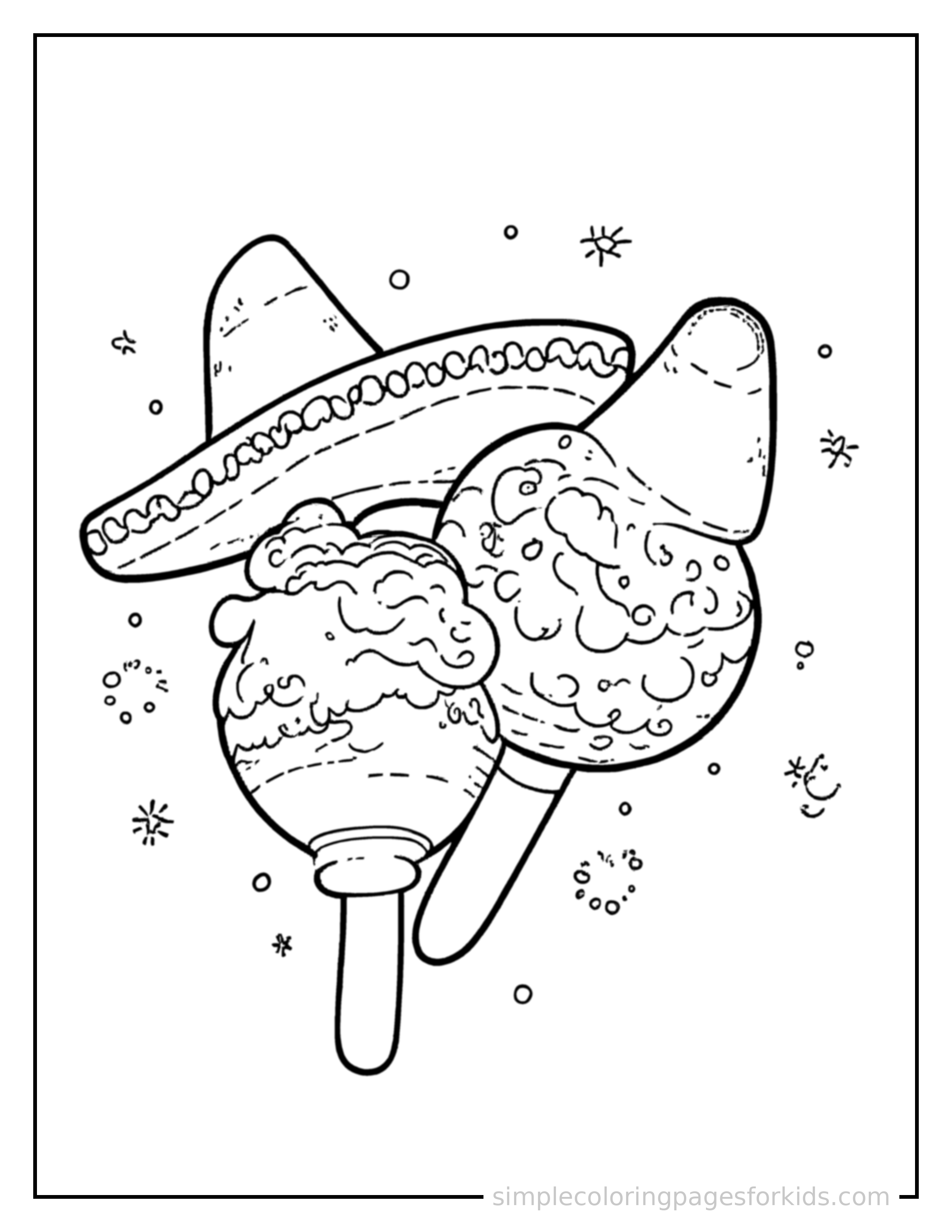 Free printable cinco de mayo maracas and a sombrero coloring page featuring a cute Cinco de Mayo maracas and a sombrero, shown from a slightly different angle with small decorative sparkle marks nearby.