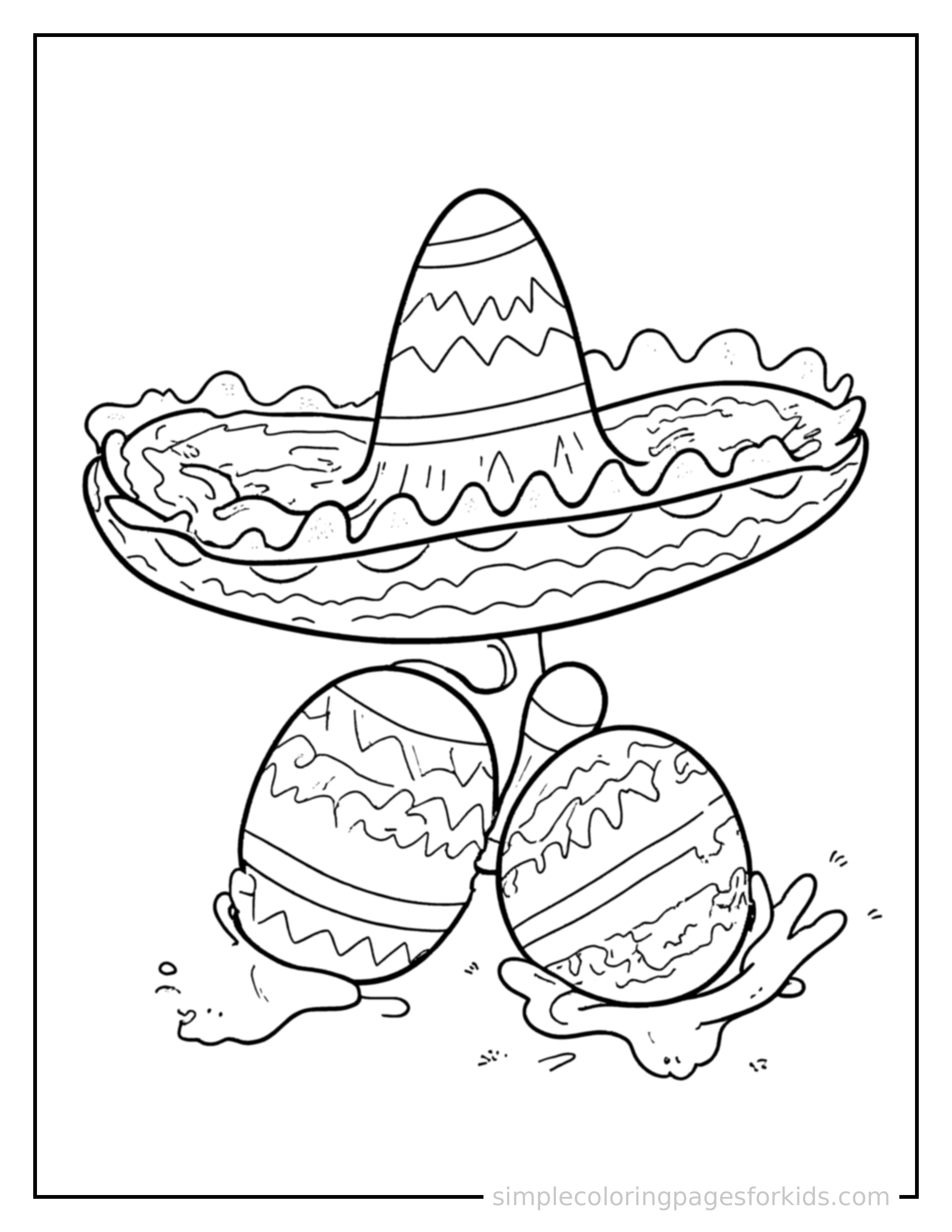 Free printable cinco de mayo maracas and a sombrero coloring page featuring a cute Cinco de Mayo maracas and a sombrero, shown with a smaller mini version of itself beside it.