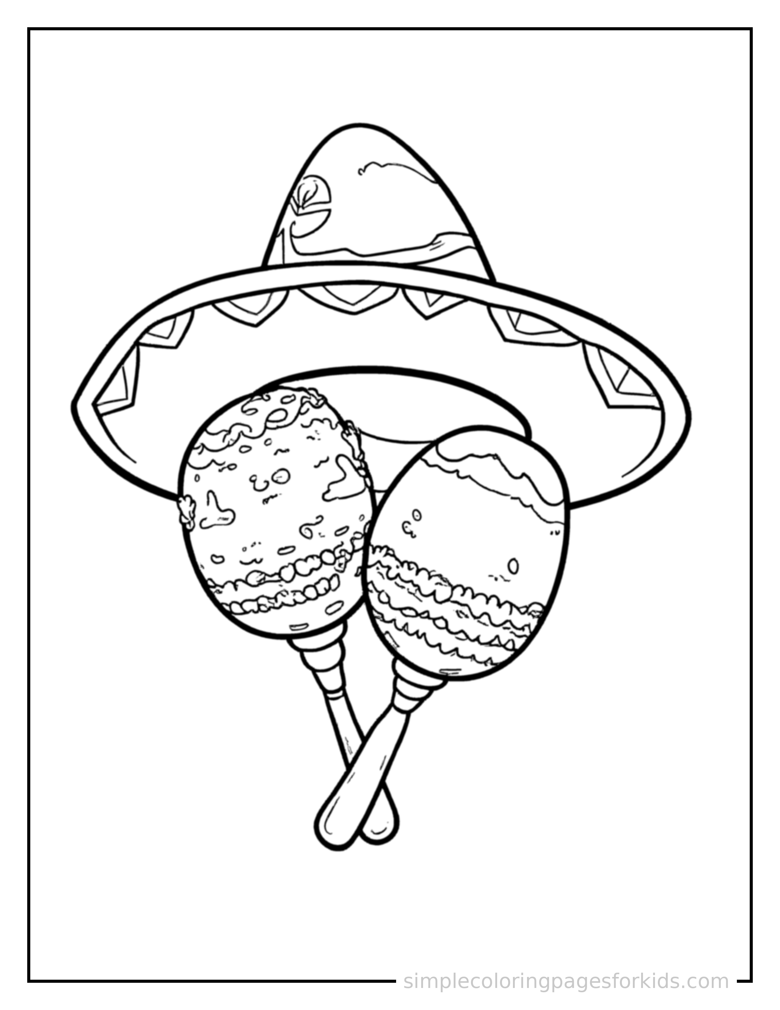 Free printable cinco de mayo maracas and a sombrero coloring page featuring a cute Cinco de Mayo maracas and a sombrero, decorated with a simple bow or ribbon for a festive touch.
