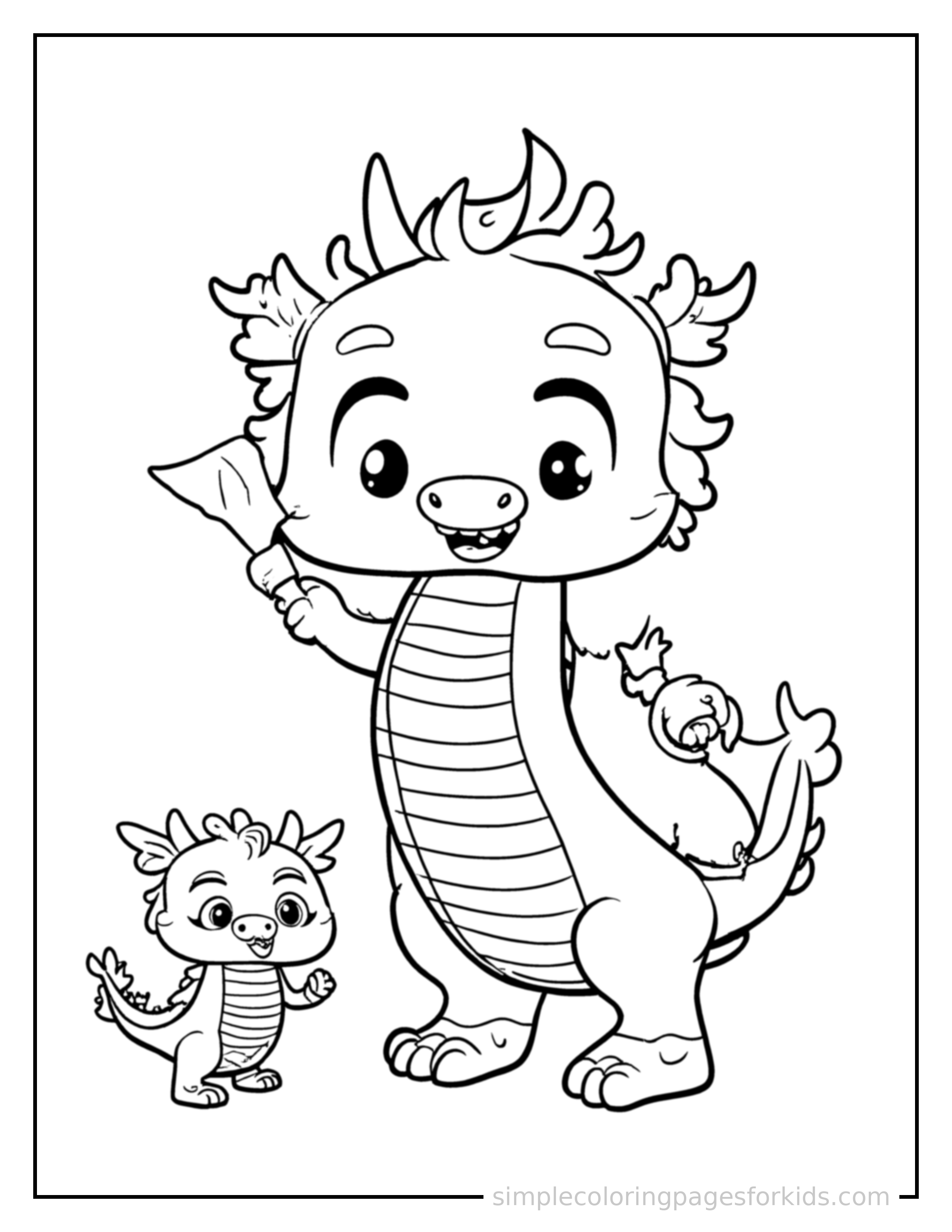 Free printable chinese new year red lantern and dragon dance coloring page featuring a cute Chinese New Year red lantern and dragon dance, shown with a smaller mini version of itself beside it.