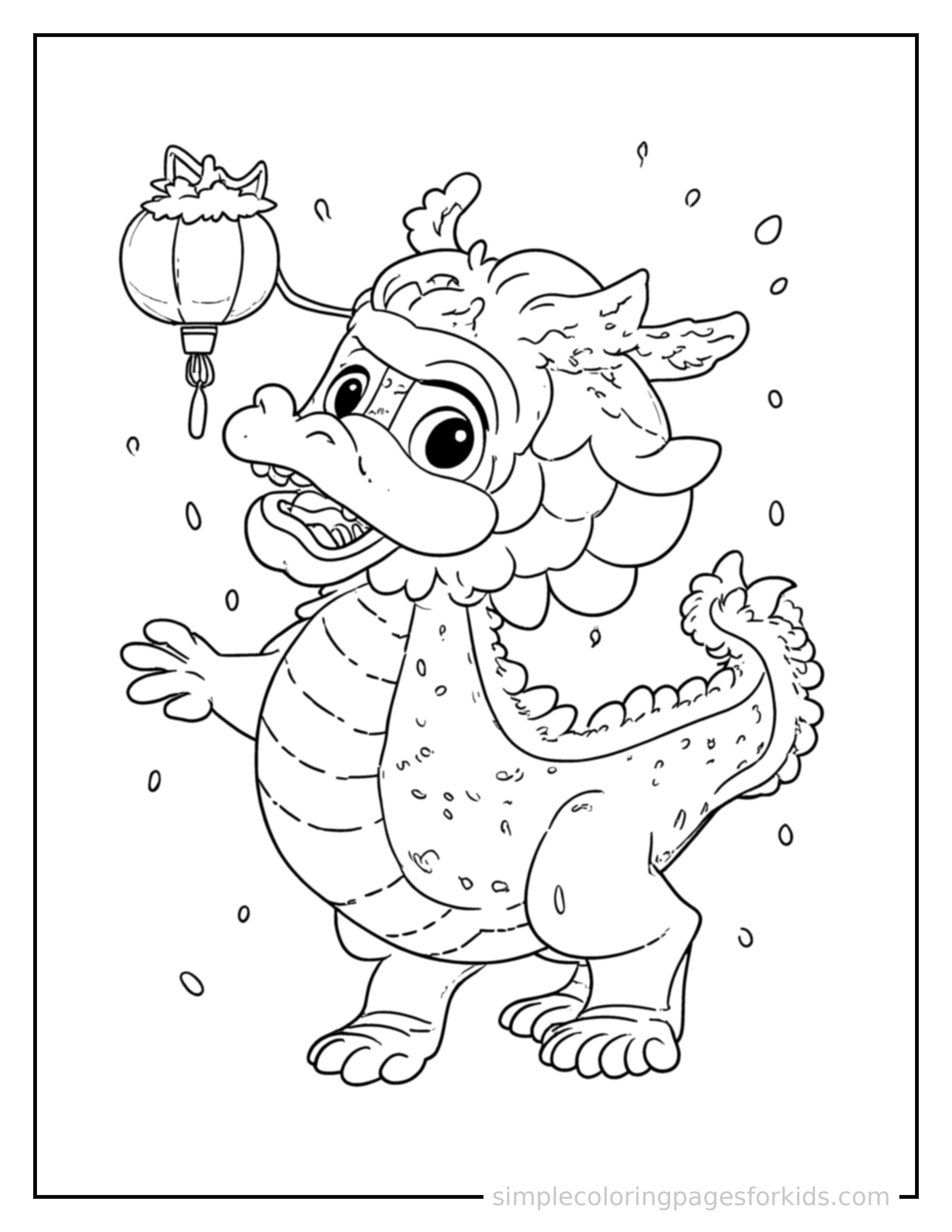 Free printable chinese new year red lantern and dragon dance coloring page featuring a cute Chinese New Year red lantern and dragon dance, decorated with a simple bow or ribbon for a festive touch.