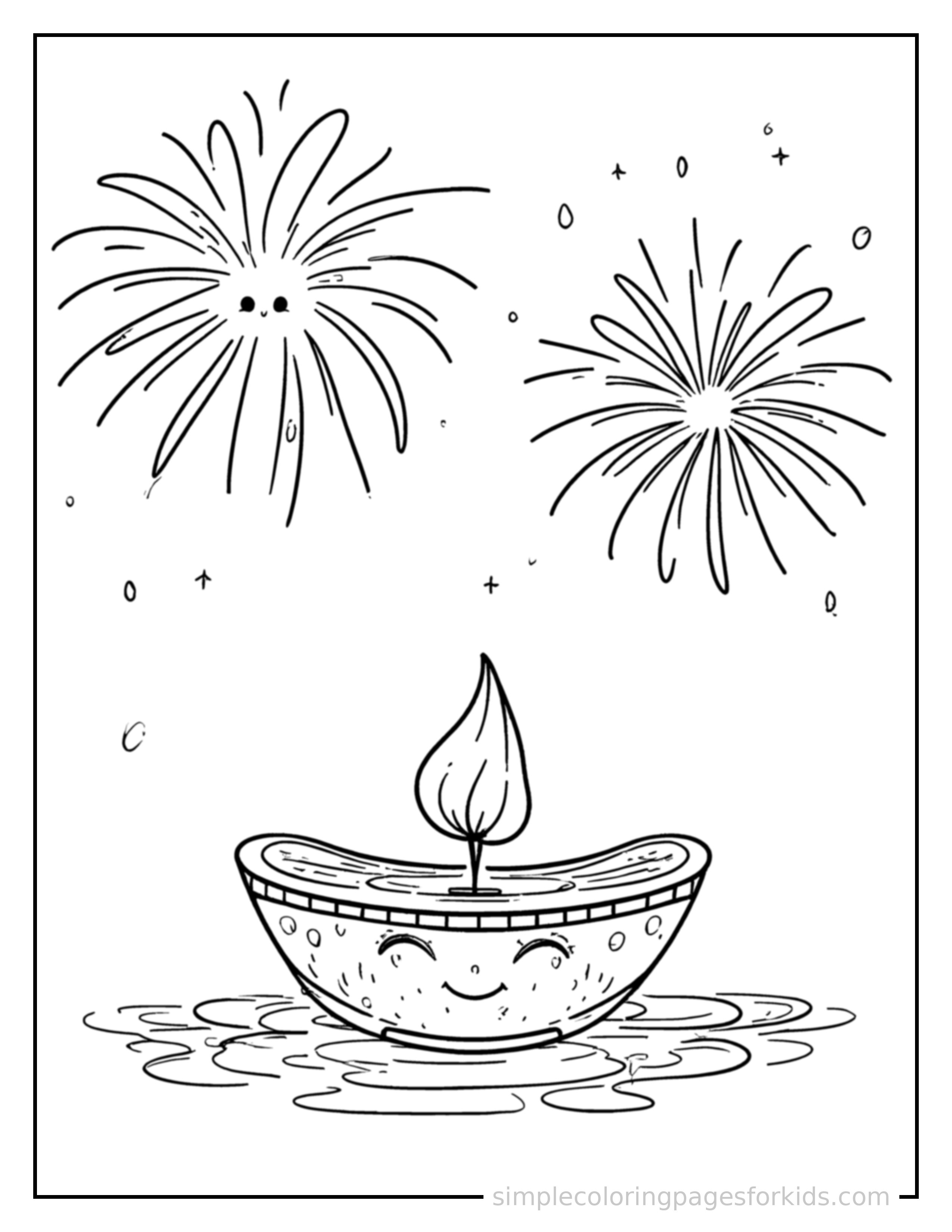 Free printable diwali oil lamps and fireworks coloring page featuring a cute Diwali oil lamps and fireworks, shown as a simple central illustration with a cute smiling face.
